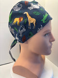Navy Jungle Animals Tie Back Scrub hat/theatre hat
