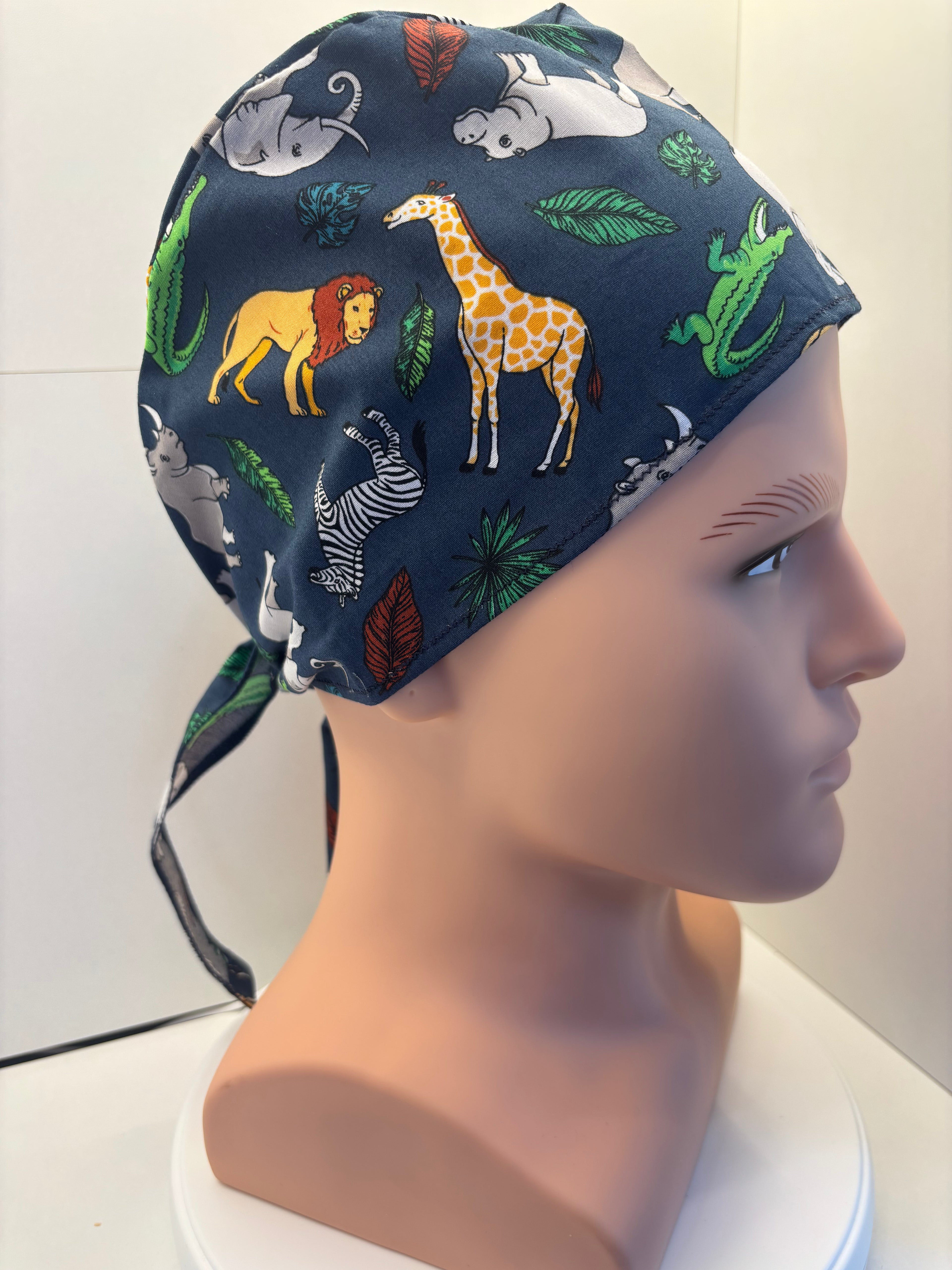 Navy Jungle Animals Tie Back Scrub hat/theatre hat
