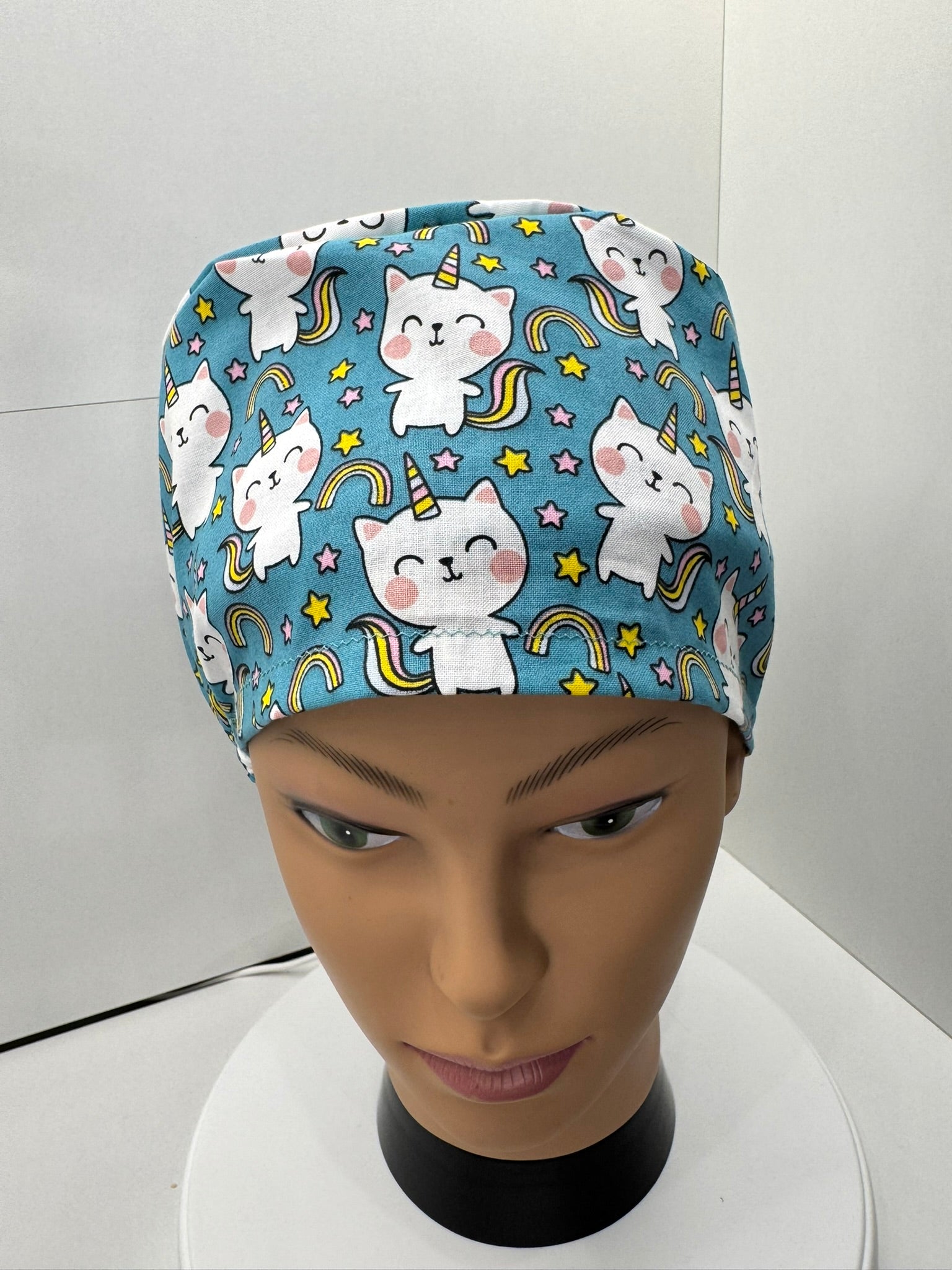 Rainbow Unicorn Cats 100% Cotton Theatre Hat/Scrub Cap, Optional Satin Lining