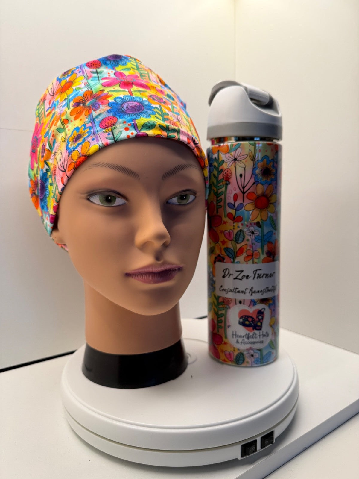 Bright Summer Flowers Scrub Cap + Water Bottle Bundle/Gift Set