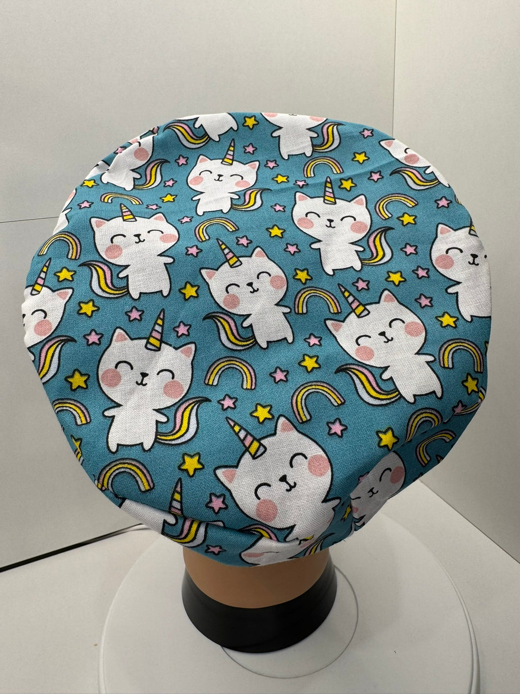 Rainbow Unicorn Cats 100% Cotton Theatre Hat/Scrub Cap, Optional Satin Lining