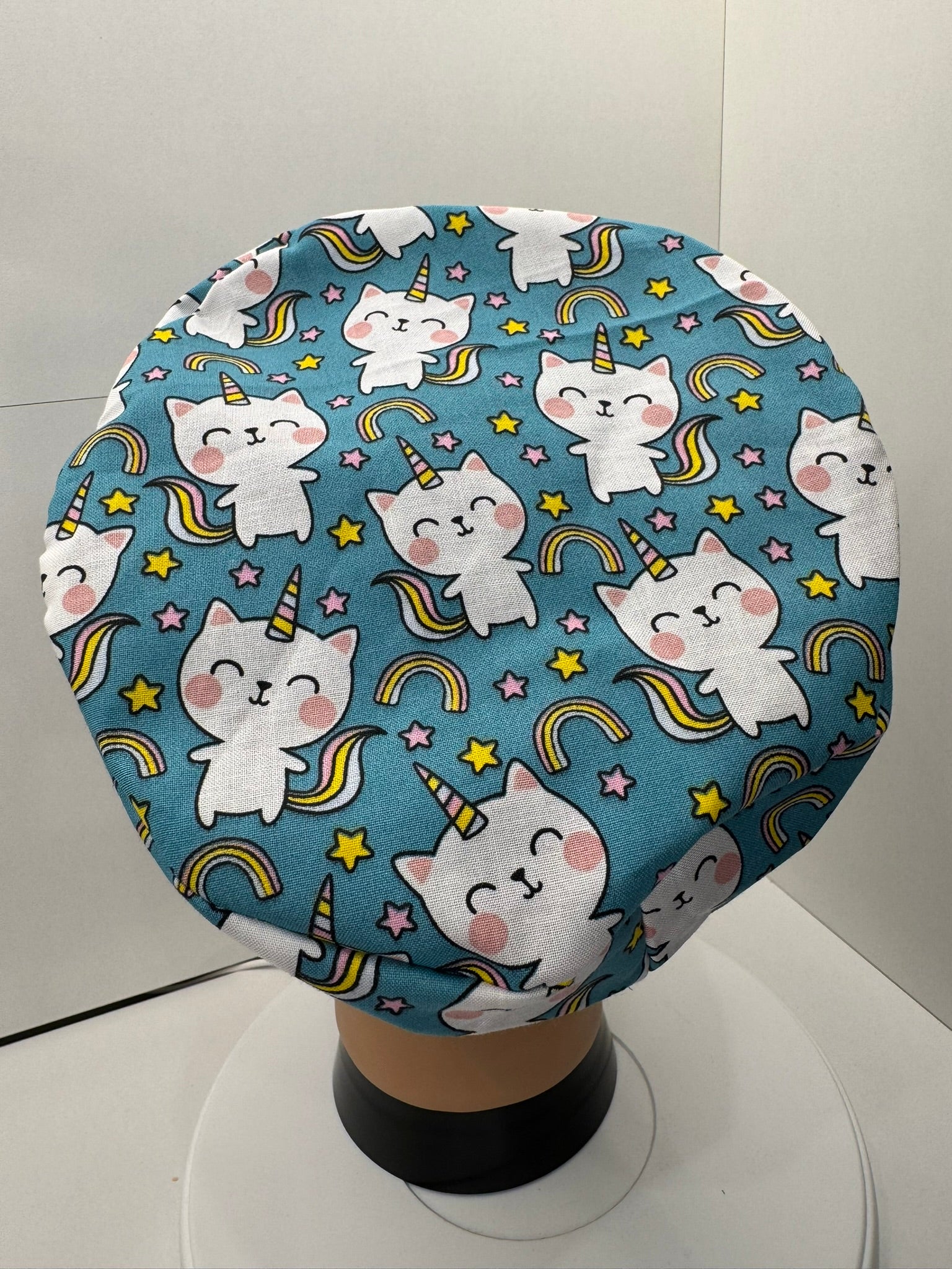 Rainbow Unicorn Cats 100% Cotton Theatre Hat/Scrub Cap, Optional Satin Lining