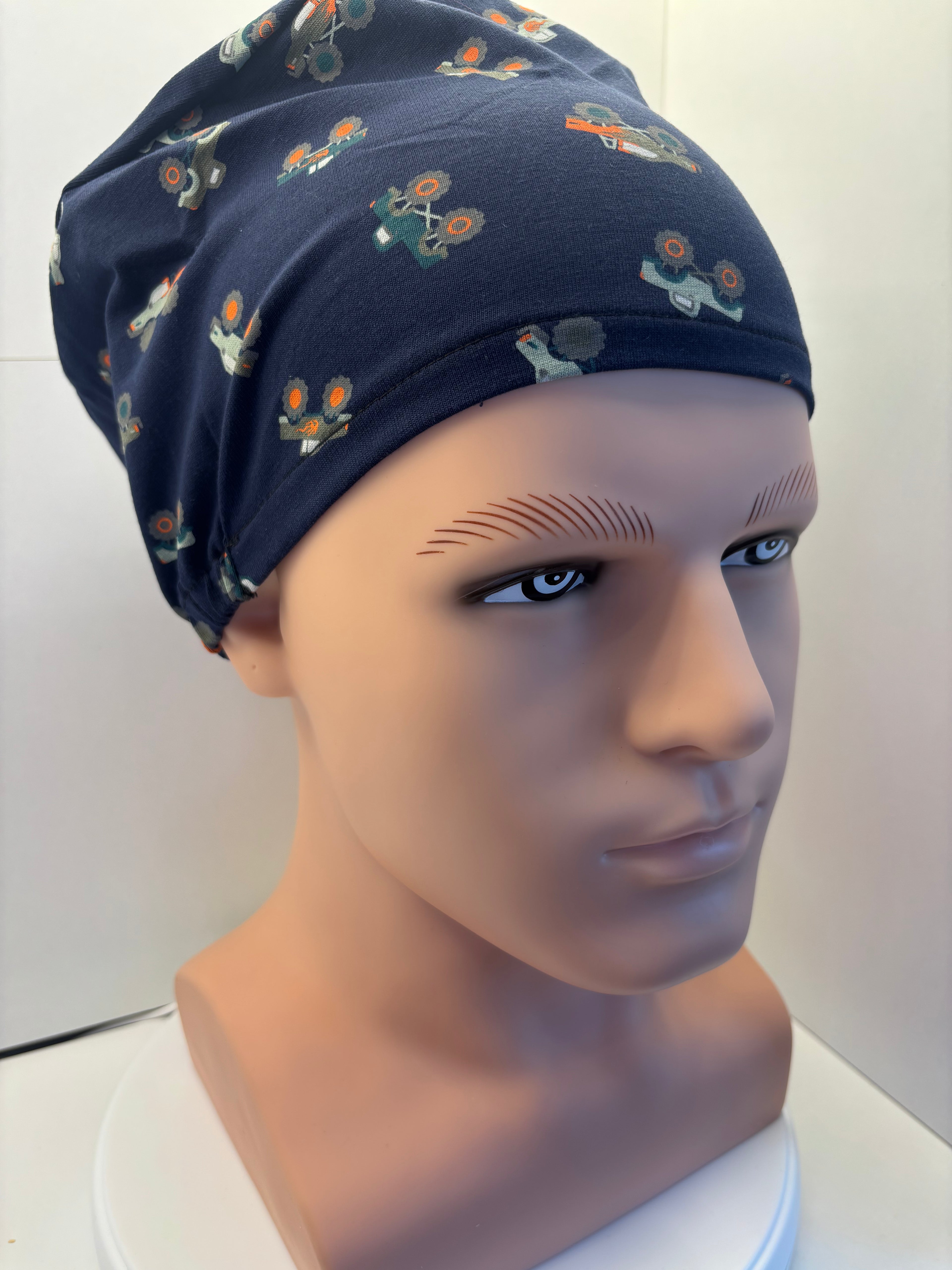 Navy Monster Trucks  Premium Jersey Fabric Theatre hat/scrub hat