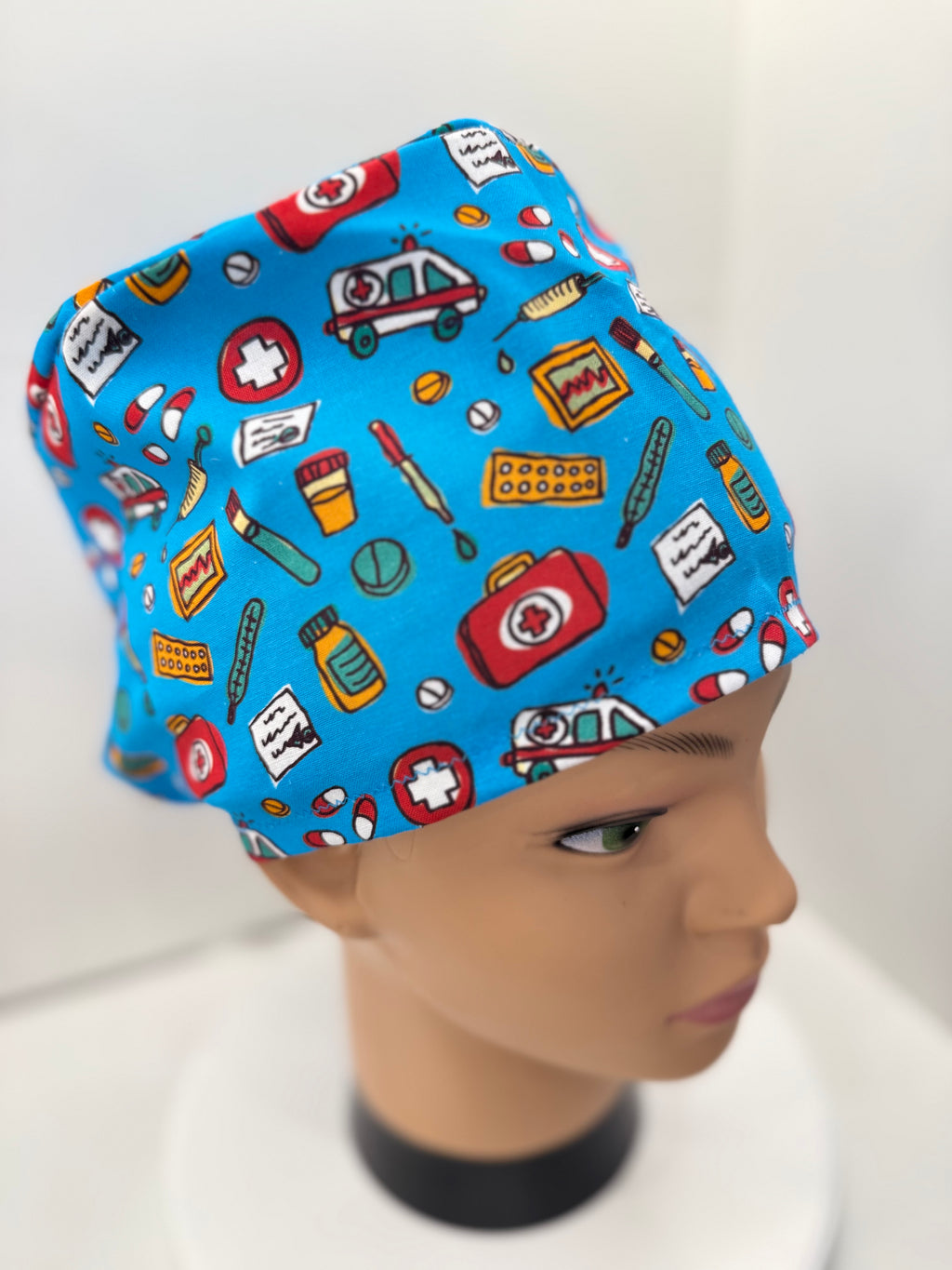 Bright Blue Medical Motifs 100% Cotton Surgical/Theatre Scrub Hat/Cap. UK Handmade
