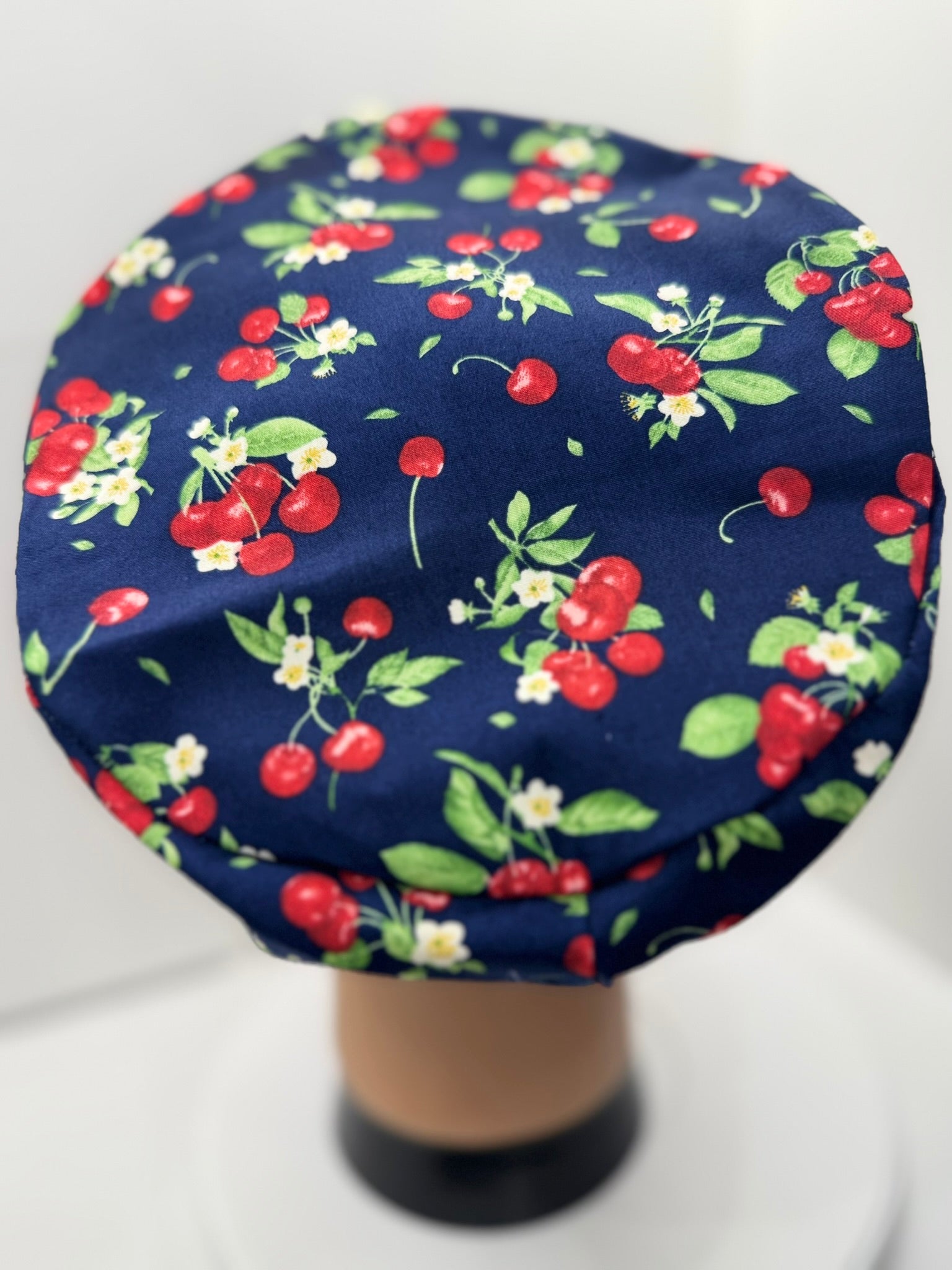 Red Cherries 100% Cotton Theatre Hat/Scrub Cap, Optional Satin Lining