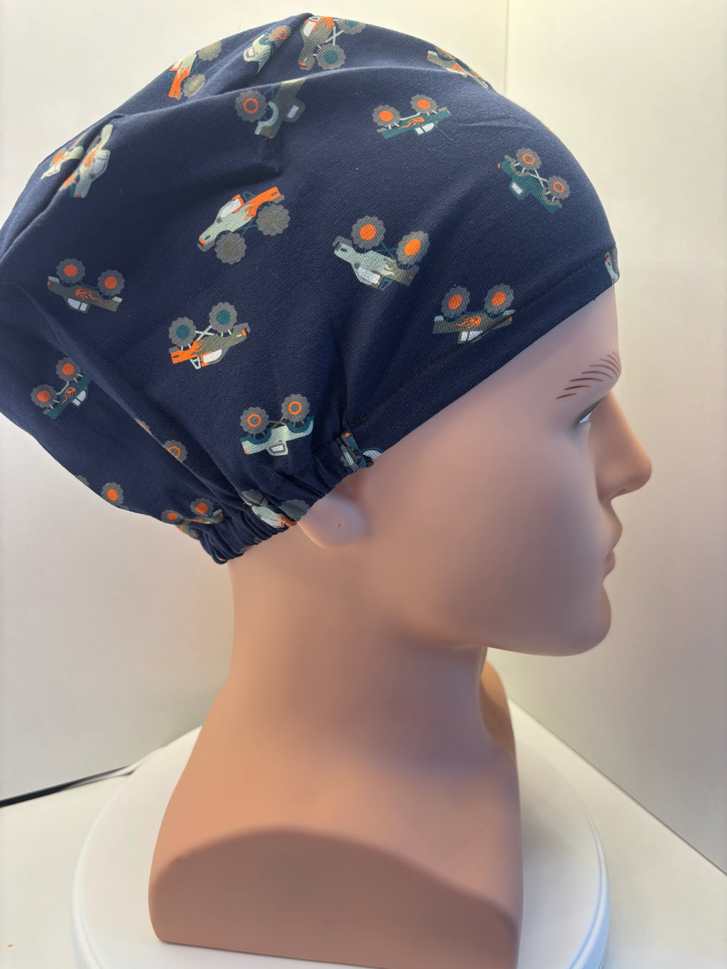 Navy Monster Trucks  Premium Jersey Fabric Theatre hat/scrub hat