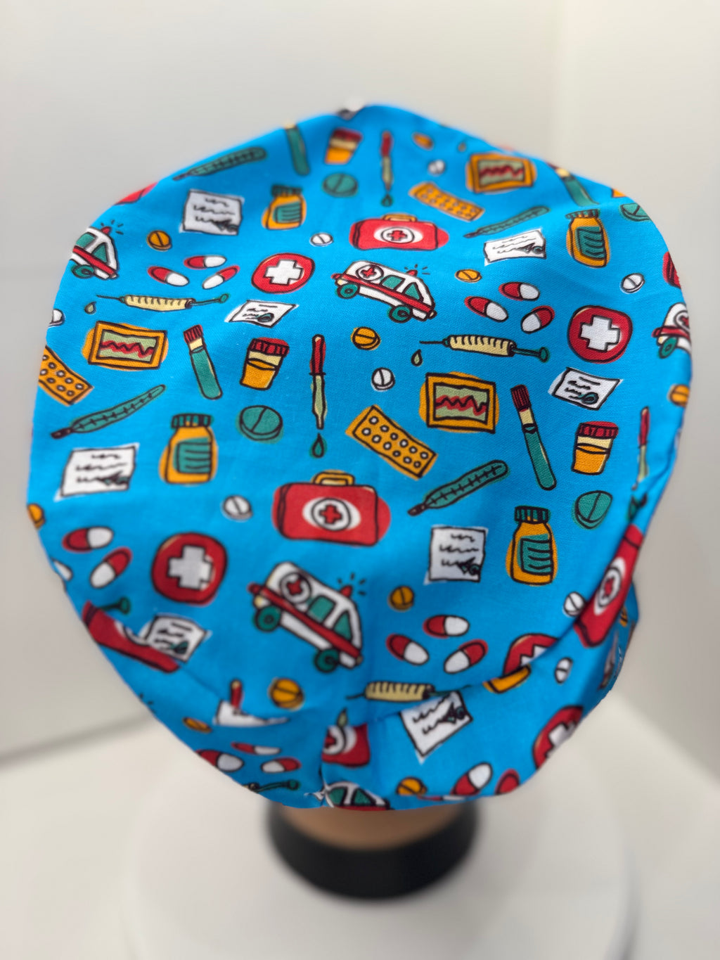 Bright Blue Medical Motifs 100% Cotton Surgical/Theatre Scrub Hat/Cap. UK Handmade