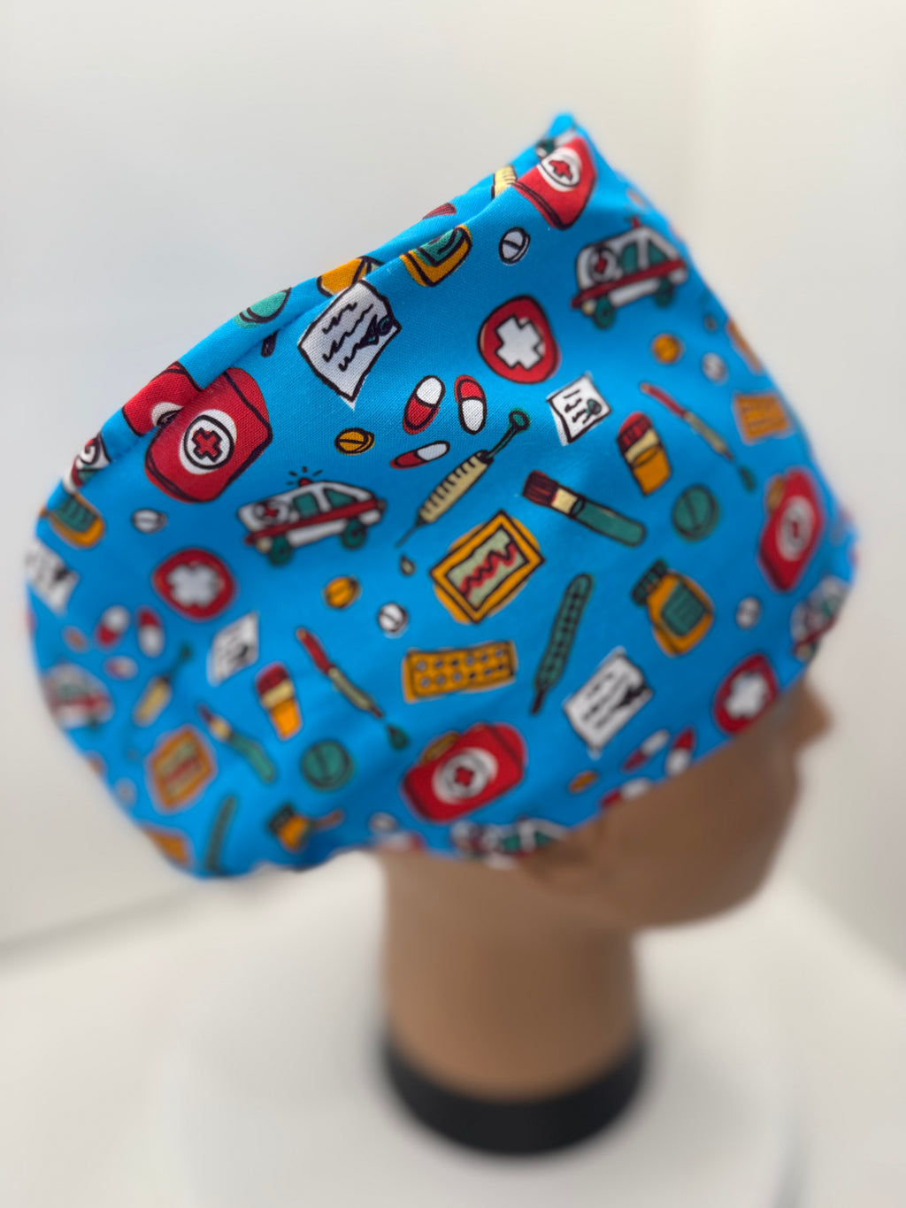 Bright Blue Medical Motifs 100% Cotton Surgical/Theatre Scrub Hat/Cap. UK Handmade