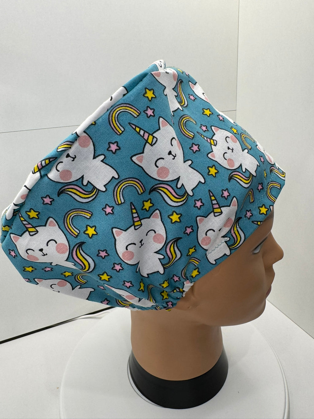 Rainbow Unicorn Cats 100% Cotton Theatre Hat/Scrub Cap, Optional Satin Lining