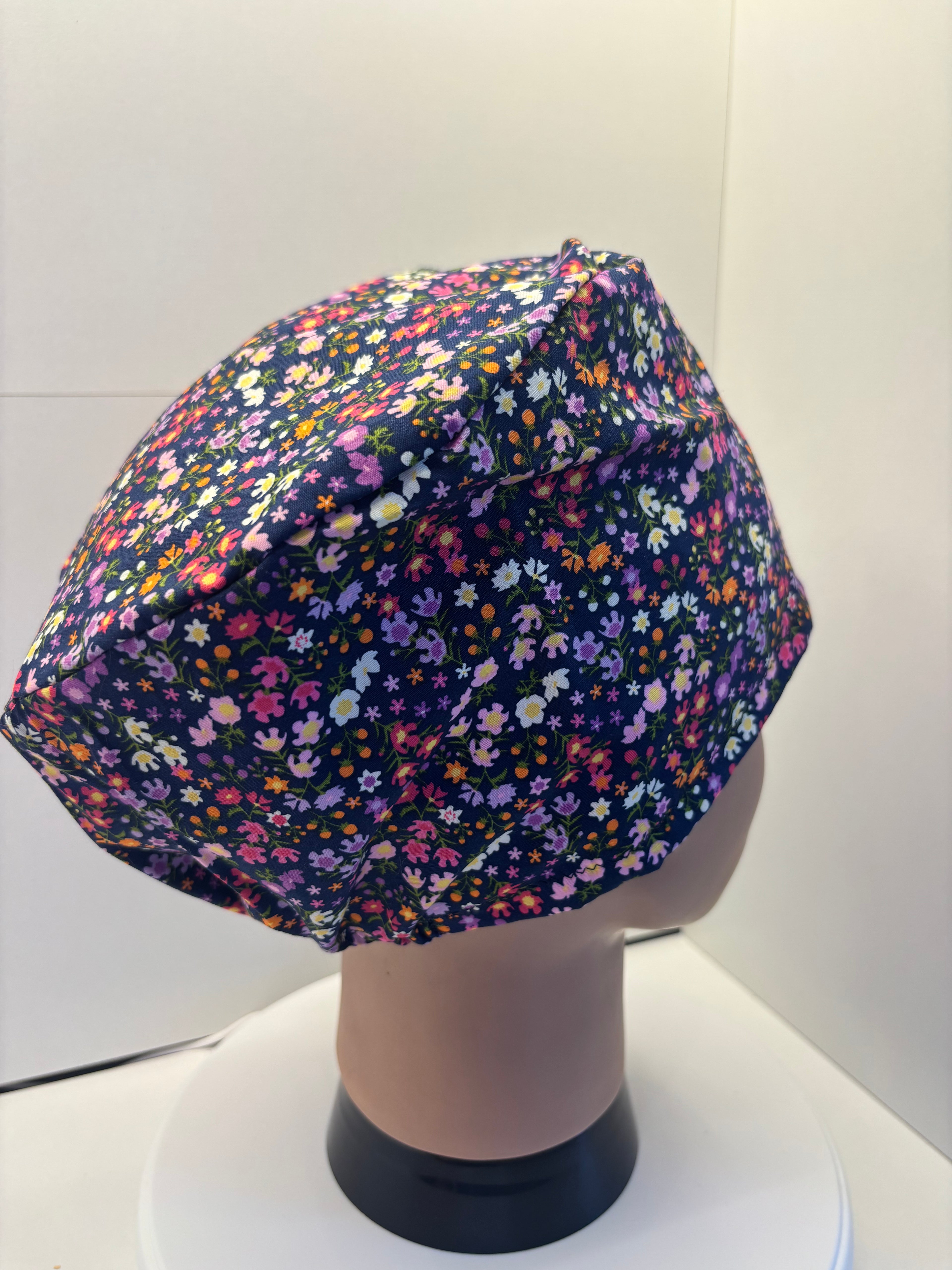 Midnight Meadow Blooms 100% Cotton Theatre Hat/Scrub Cap Optional Satin Lining