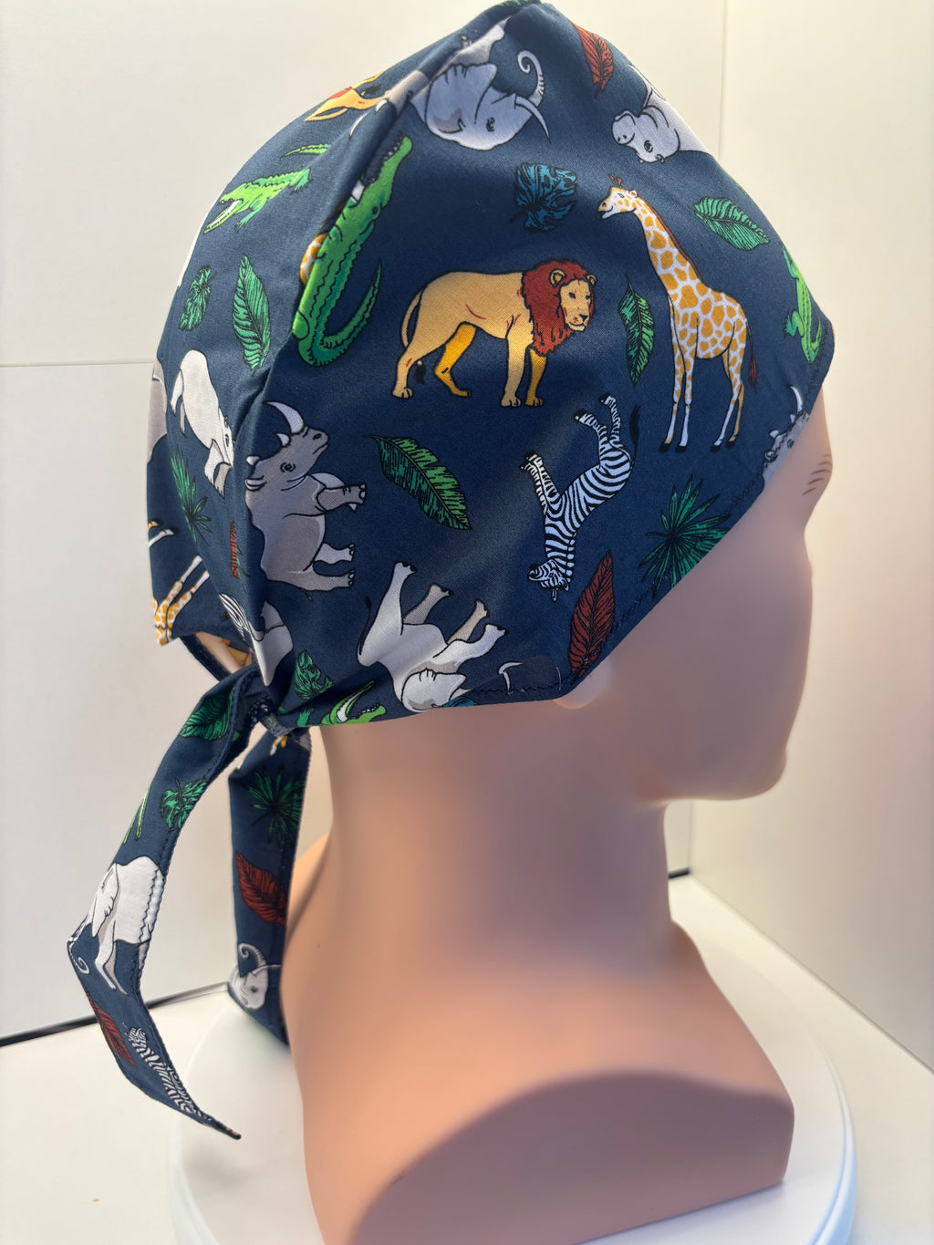 Navy Jungle Animals Tie Back Scrub hat/theatre hat