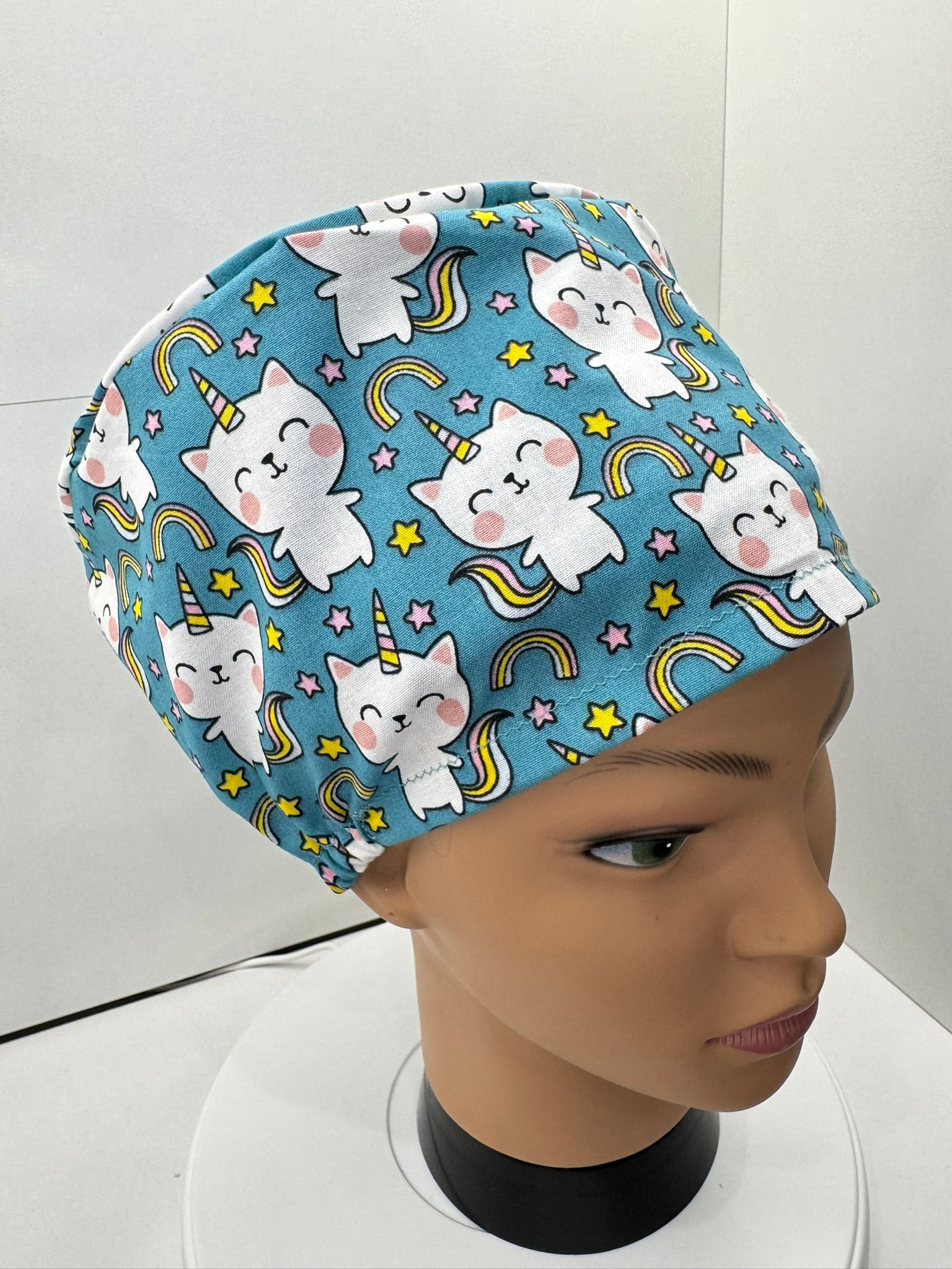 Rainbow Unicorn Cats 100% Cotton Theatre Hat/Scrub Cap, Optional Satin Lining