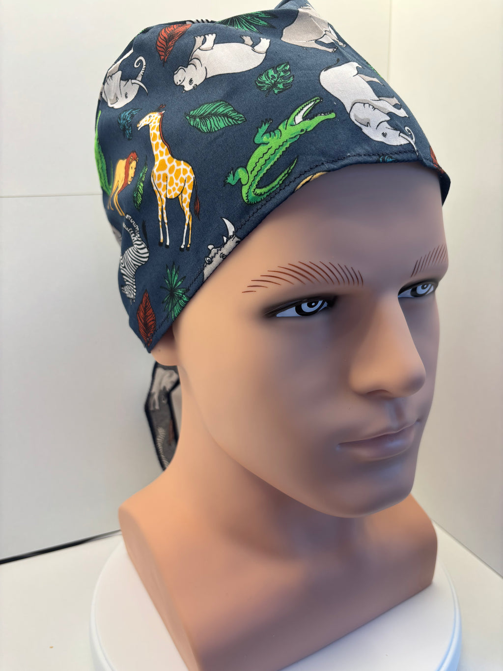 Navy Jungle Animals Tie Back Scrub hat/theatre hat