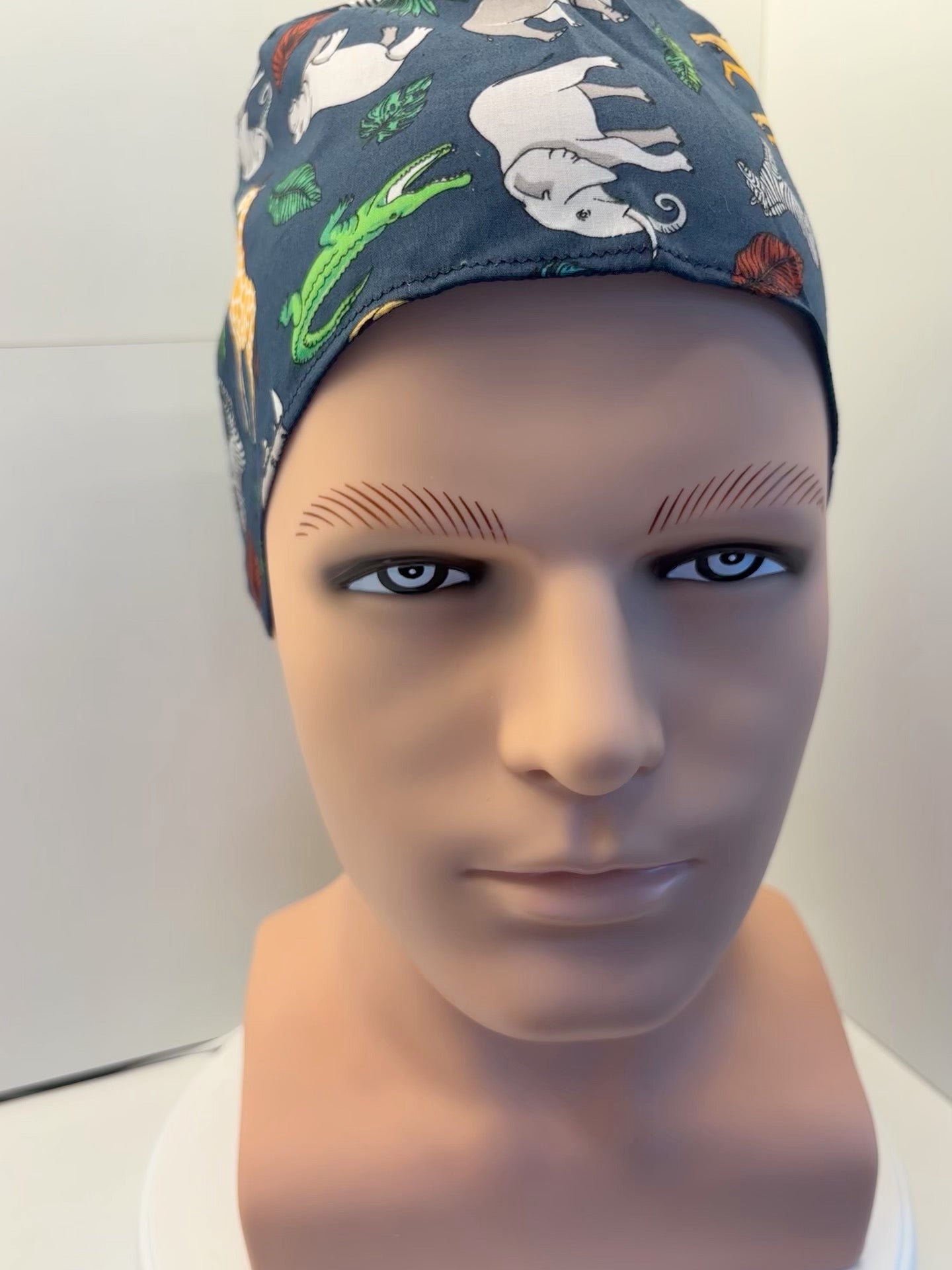 Navy Jungle Animals Tie Back Scrub hat/theatre hat