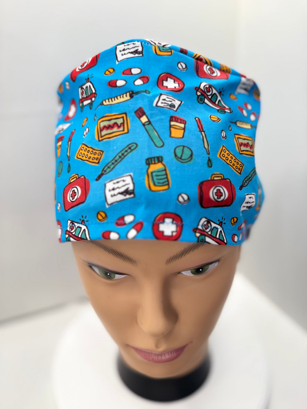 Bright Blue Medical Motifs 100% Cotton Surgical/Theatre Scrub Hat/Cap. UK Handmade
