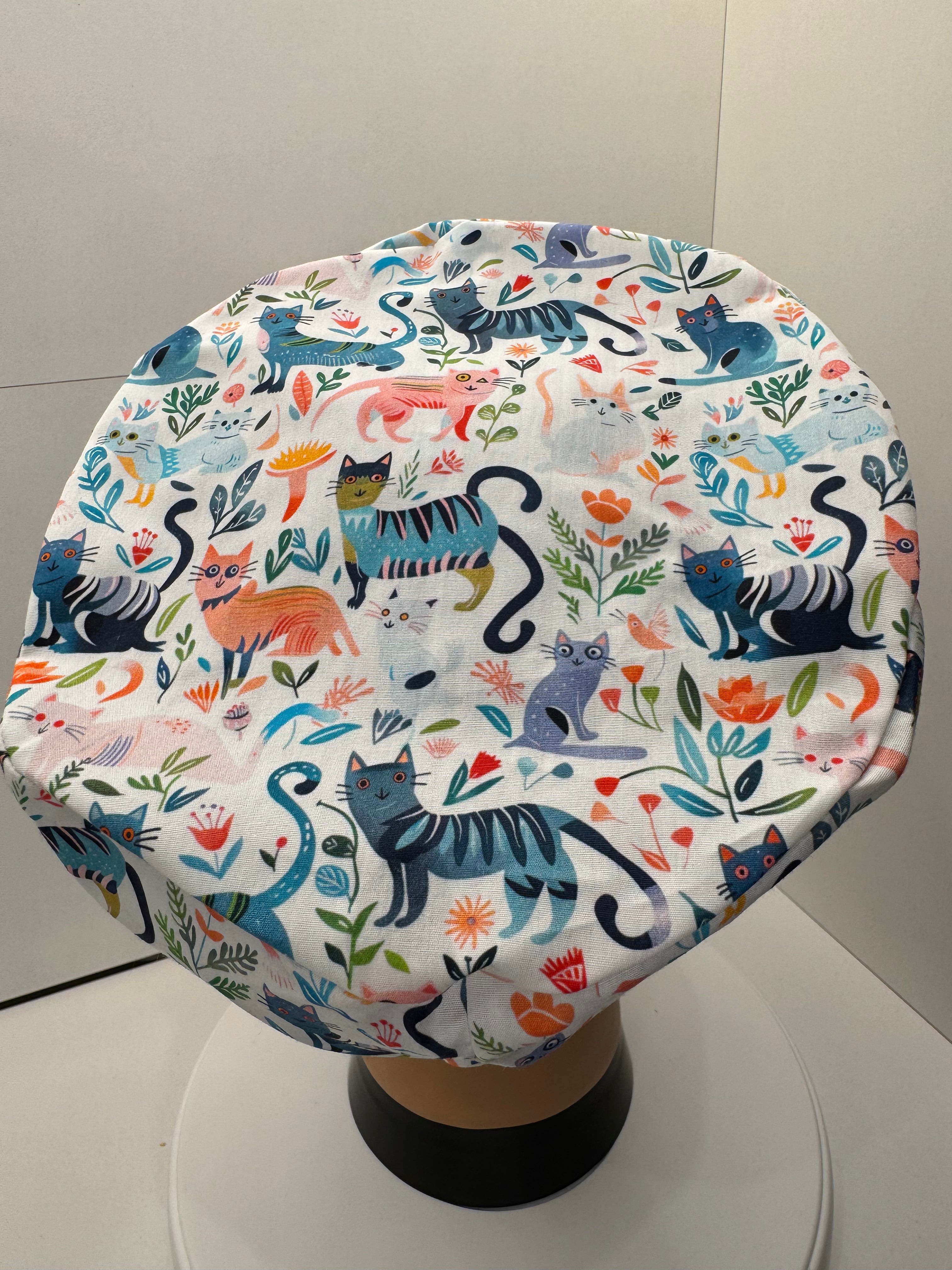 Garden Cats 100% Cotton Theatre Hat/Scrub Cap, Optional Satin Lining