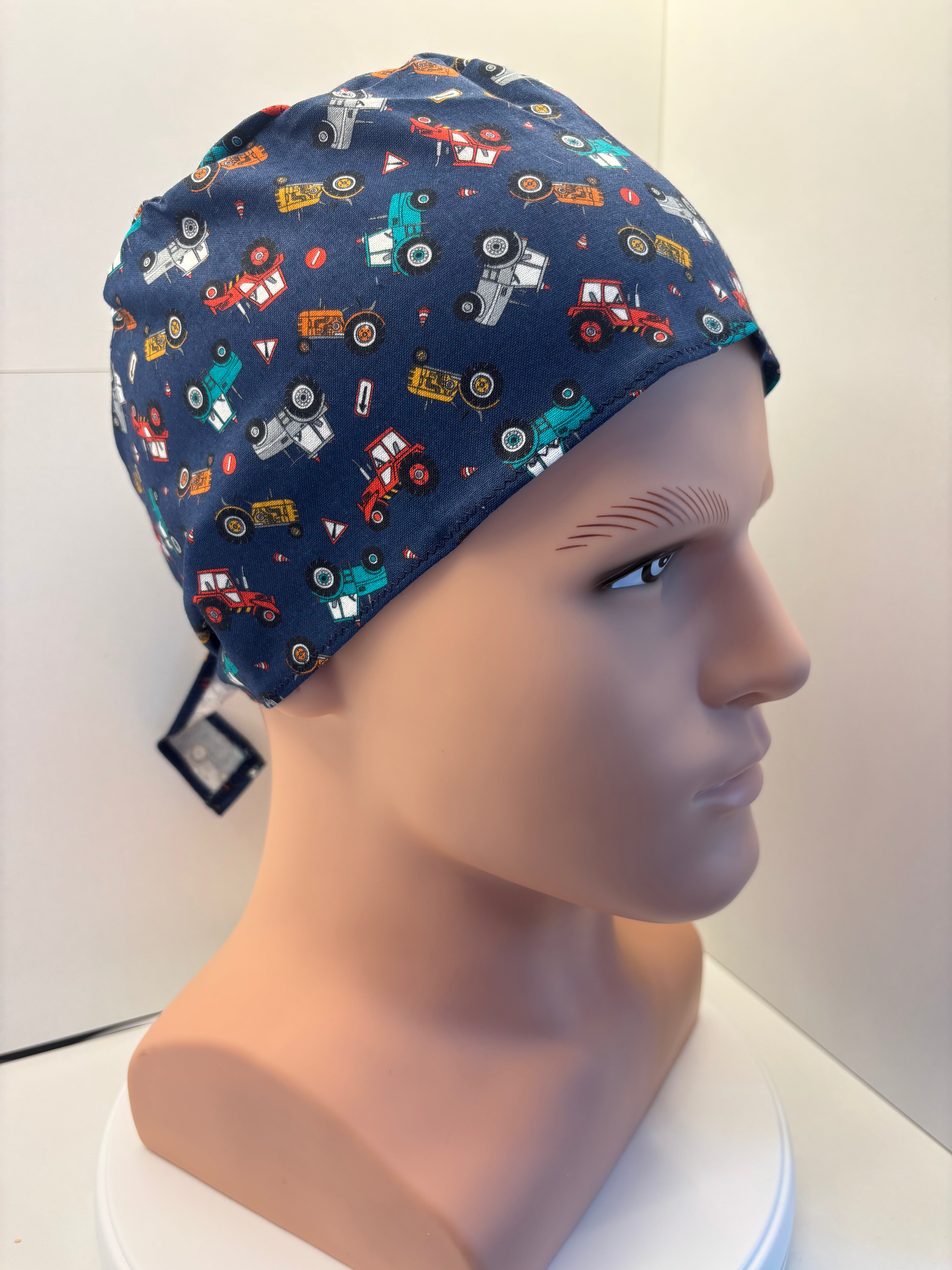 Navy Tractors Tie Back Scrub cap/theatre hat