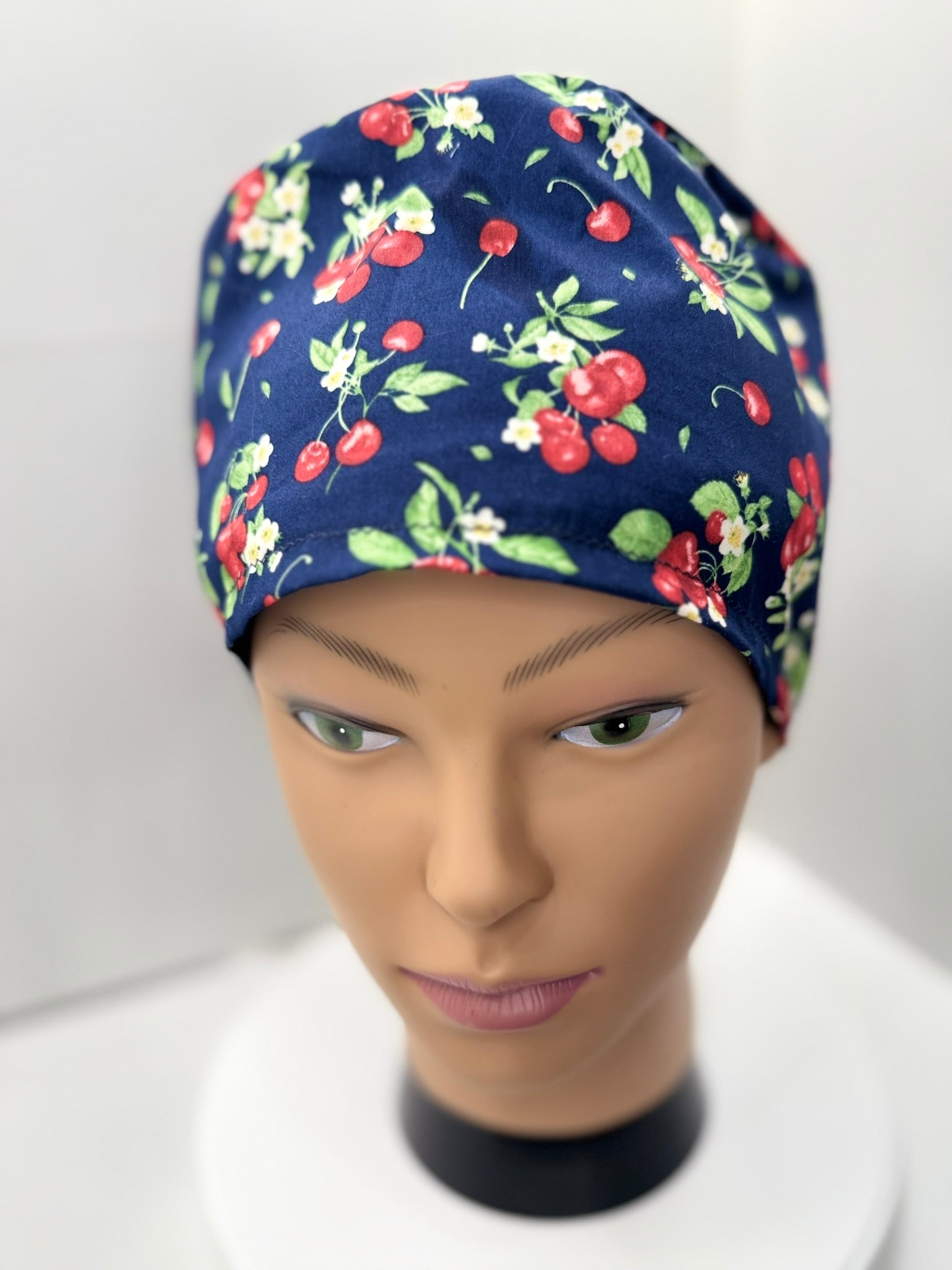 Red Cherries 100% Cotton Theatre Hat/Scrub Cap, Optional Satin Lining