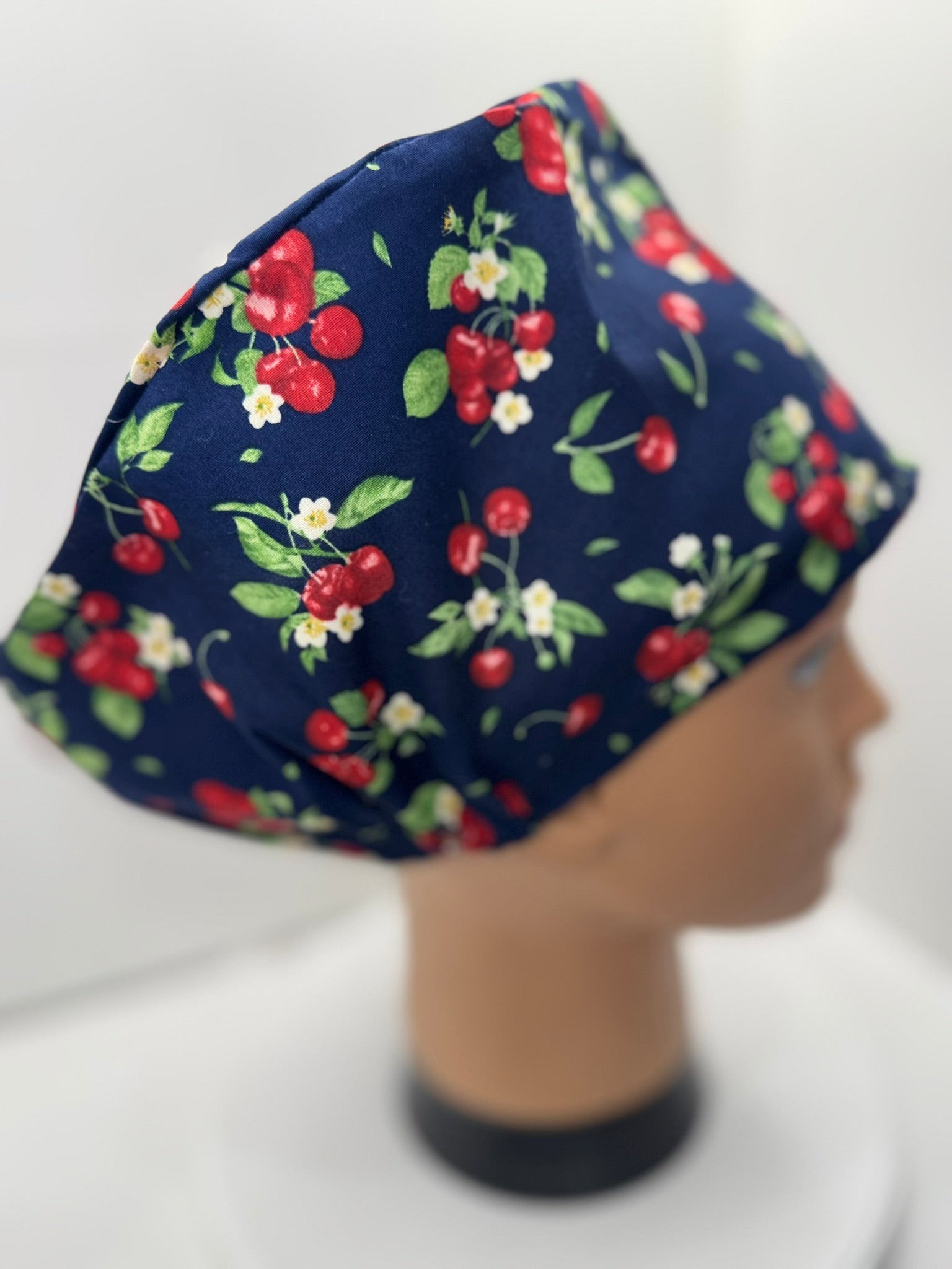 Red Cherries 100% Cotton Theatre Hat/Scrub Cap, Optional Satin Lining