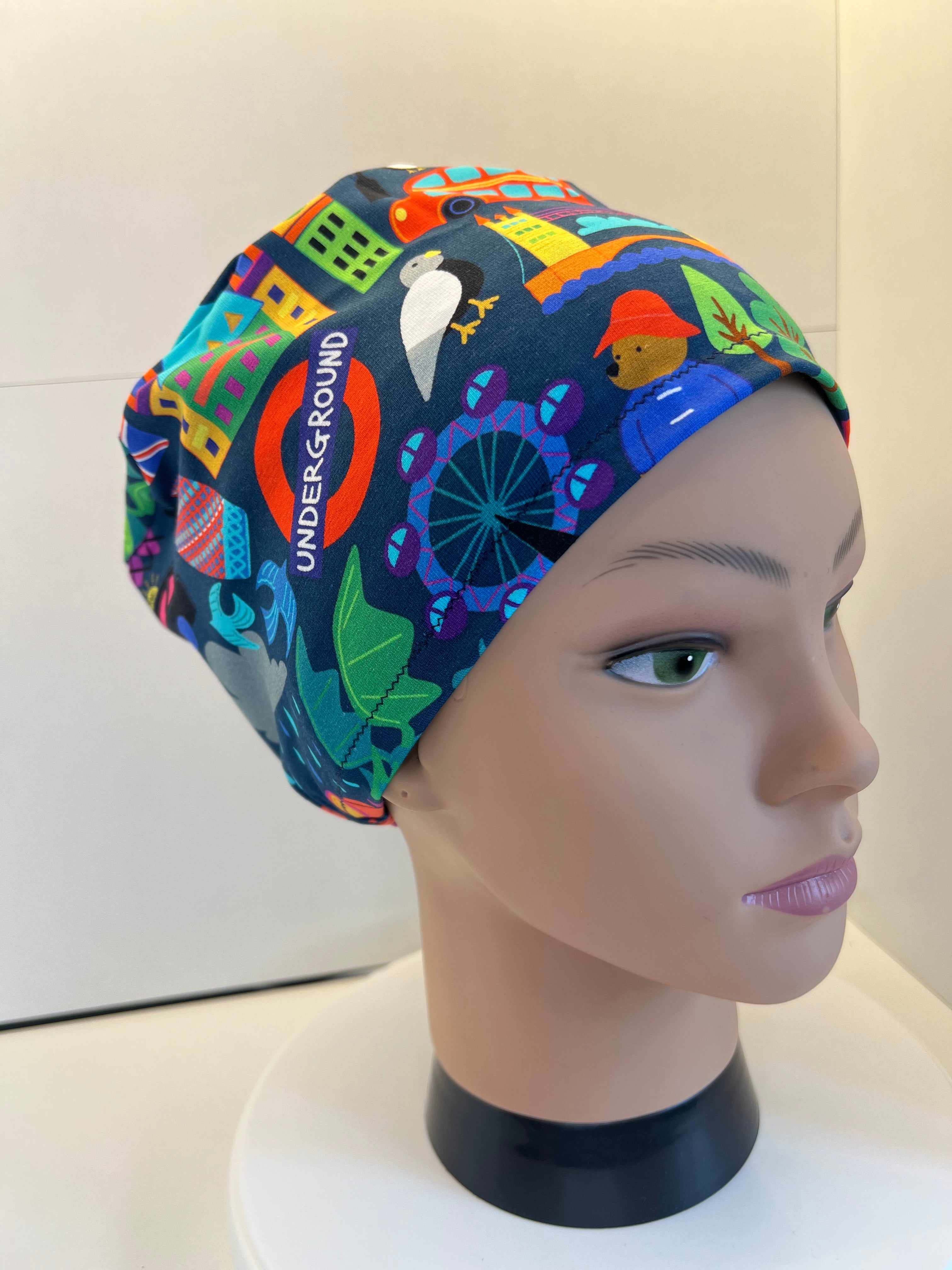 London themed Navy Soft Jersey Fabric theatre scrub cap / hat.  Ethically made. Standard and Large size