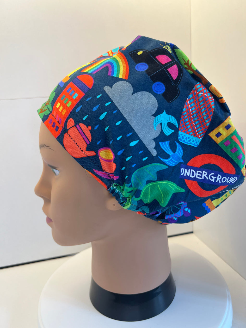 London themed Navy Soft Jersey Fabric theatre scrub cap / hat.  Ethically made. Standard and Large size