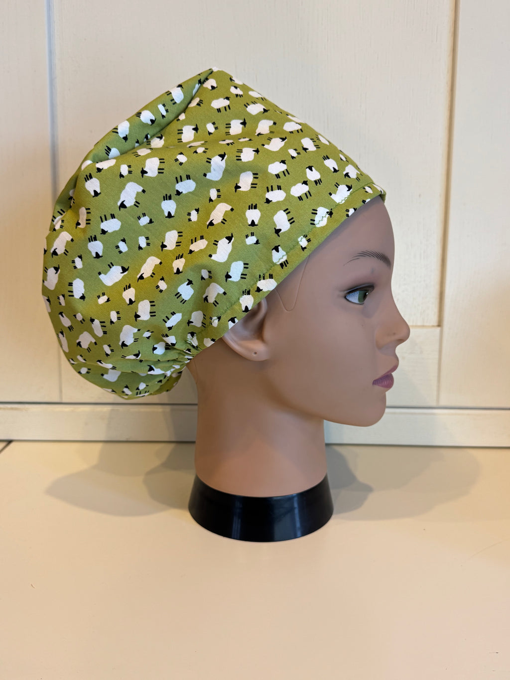 Green Sheep theatre scrub hat/cap - 100% cotton, Optional Satin lining