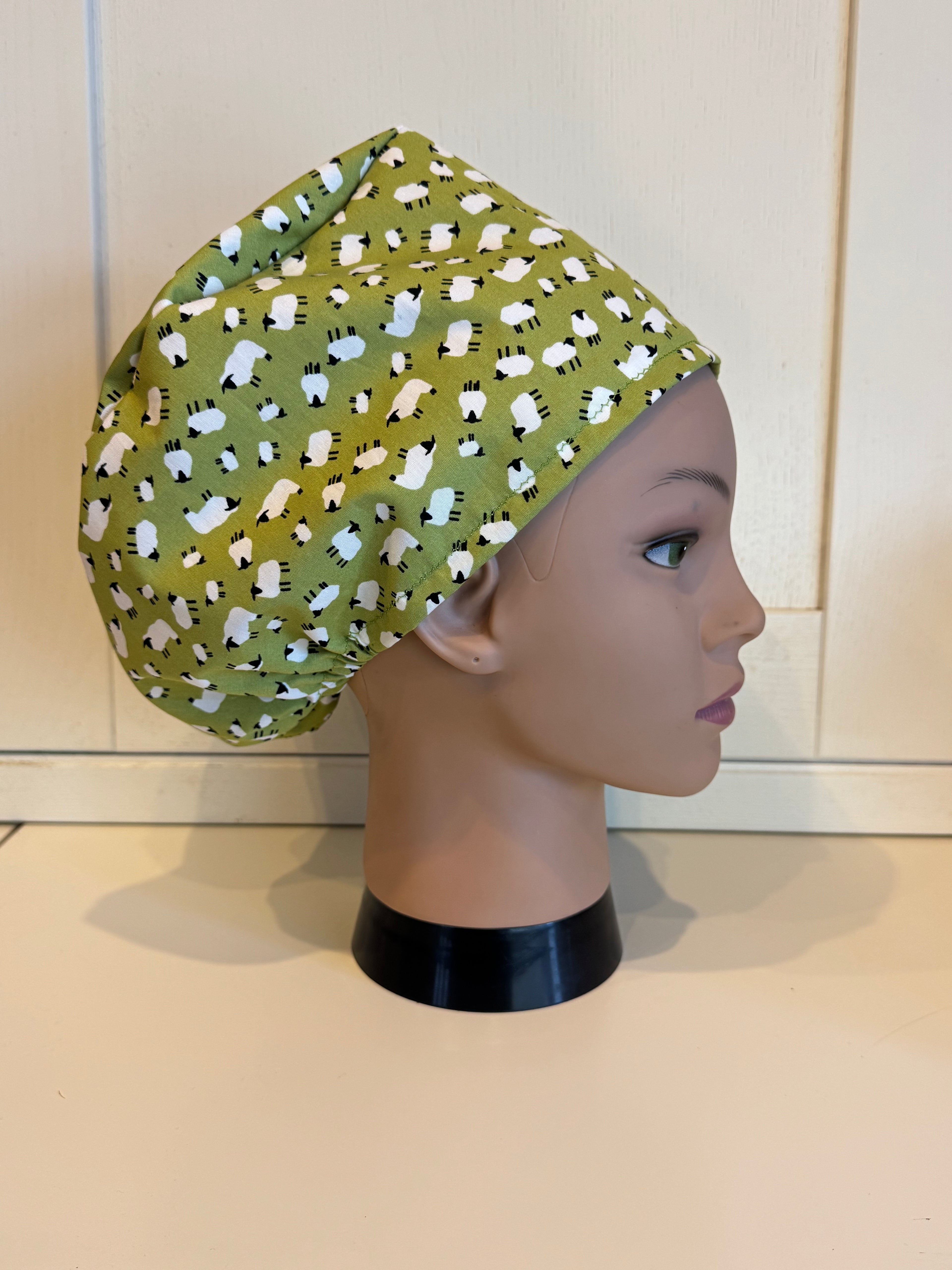 Green Sheep theatre scrub hat/cap - 100% cotton, Optional Satin lining