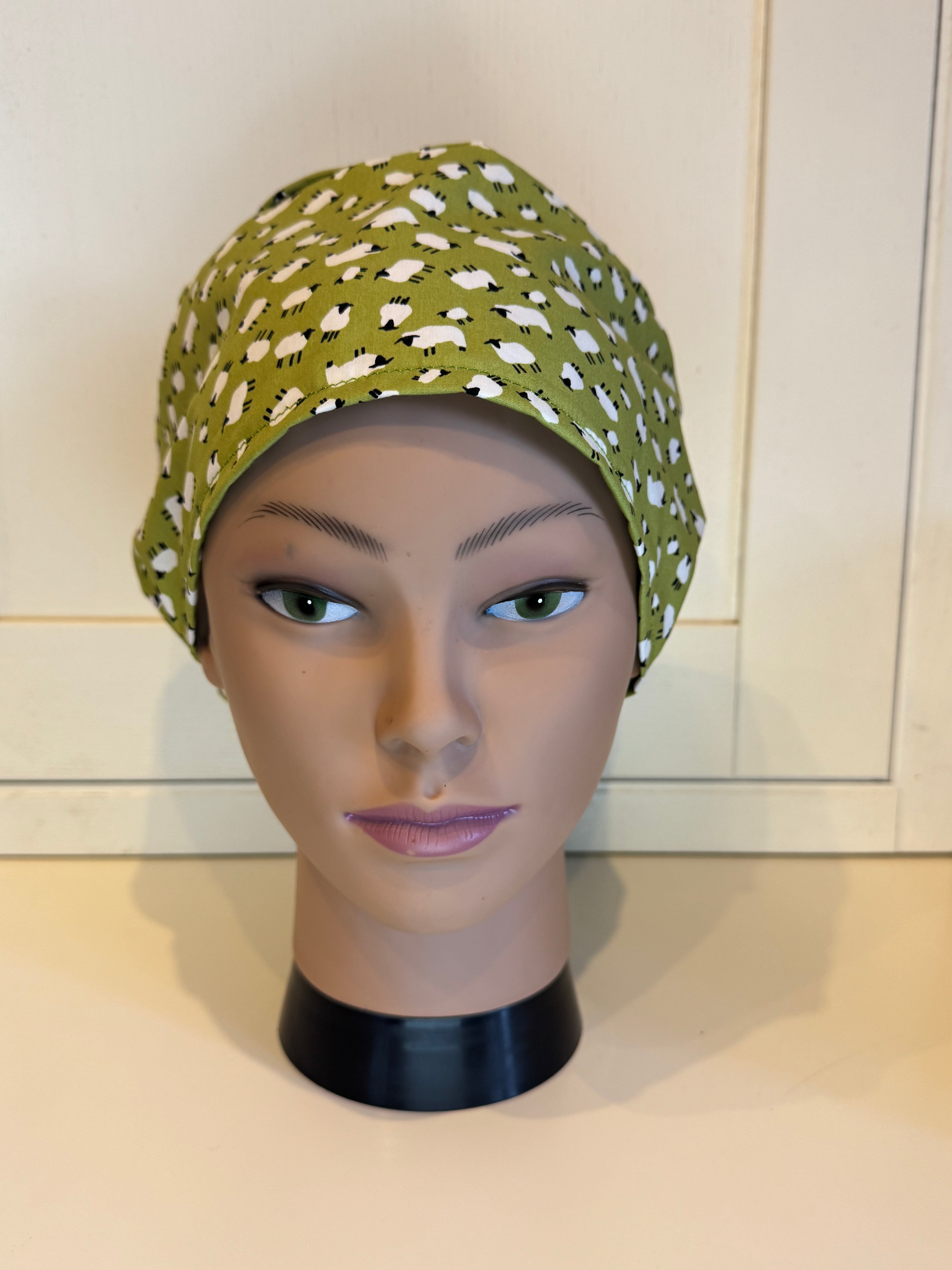 Green Sheep theatre scrub hat/cap - 100% cotton, Optional Satin lining