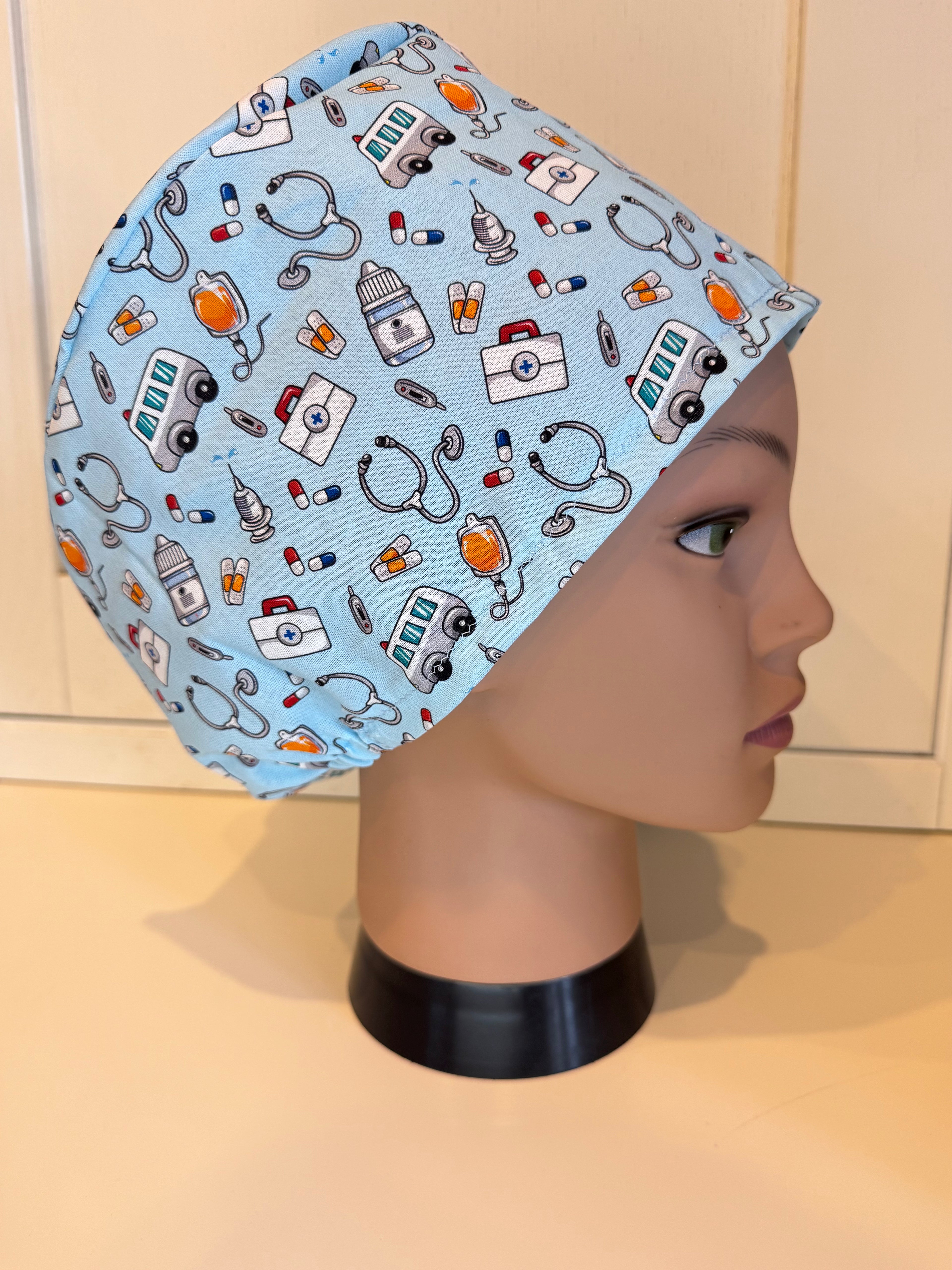Medical Motifs theatre scrub hat/cap - 100% cotton, Optional Satin lining