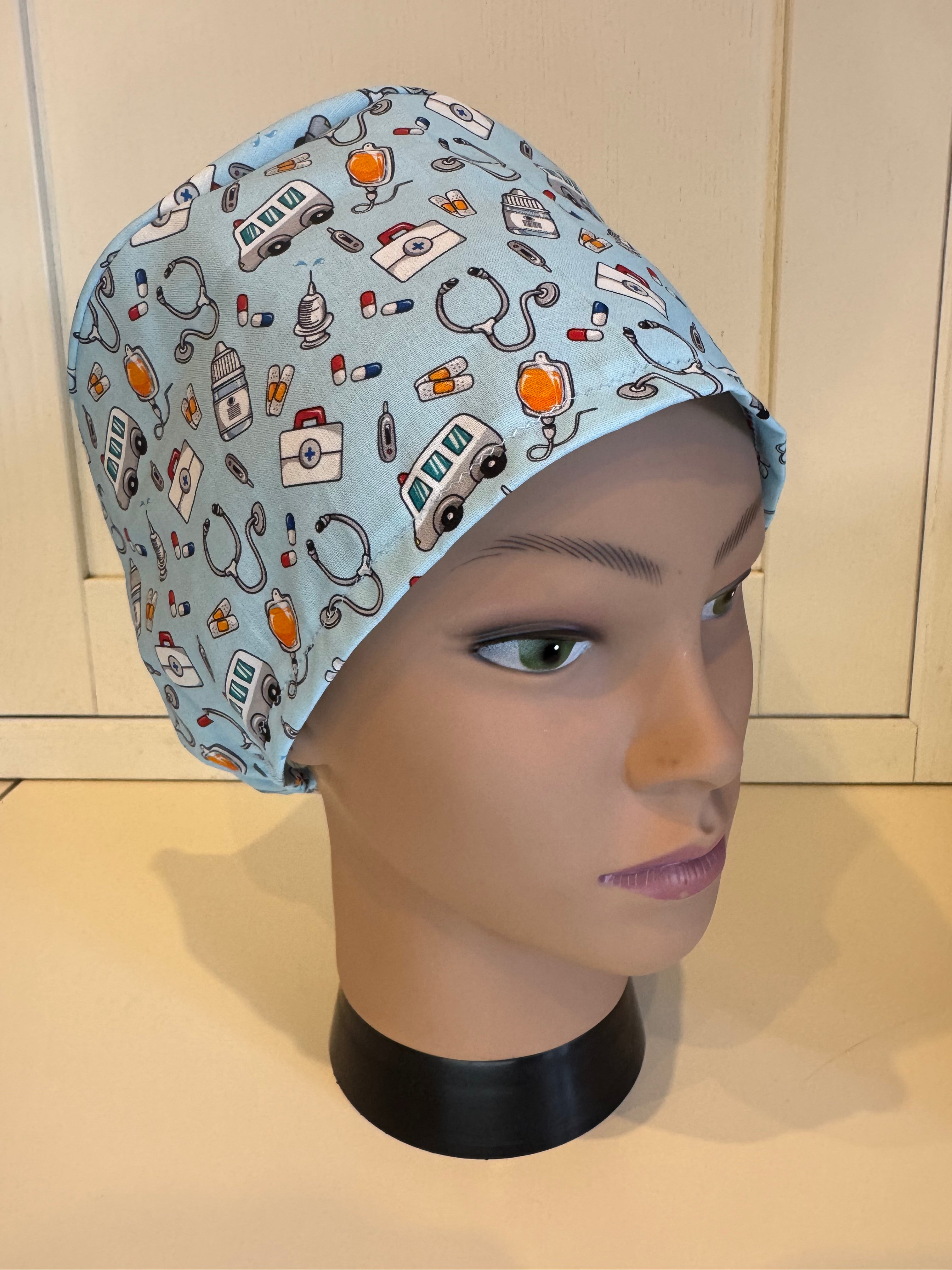 Medical Motifs theatre scrub hat/cap - 100% cotton, Optional Satin lining
