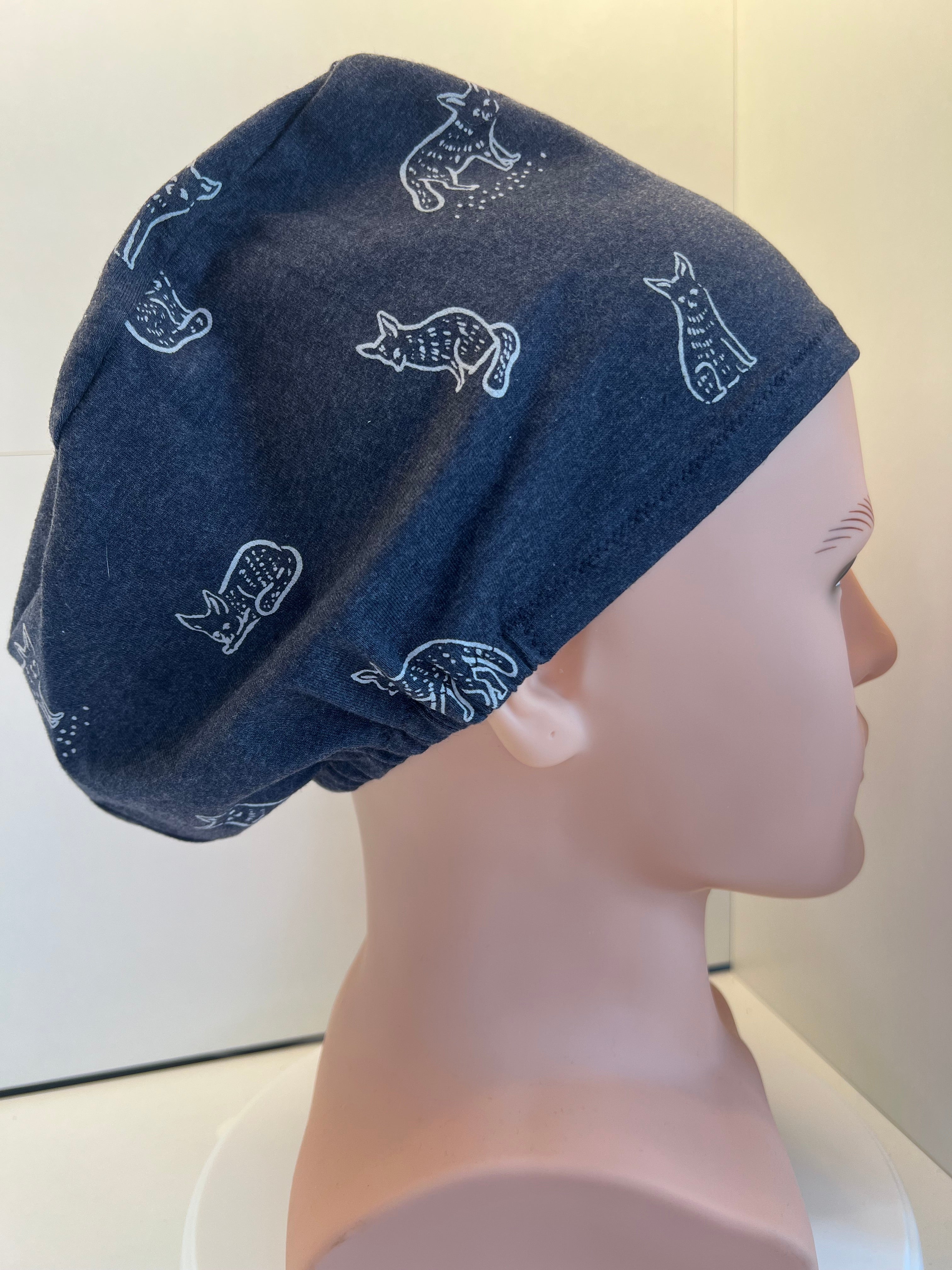 Navy Foxes Super Soft Jersey Fabric theatre scrub cap / hat.  Ethically made. Standard and Large size