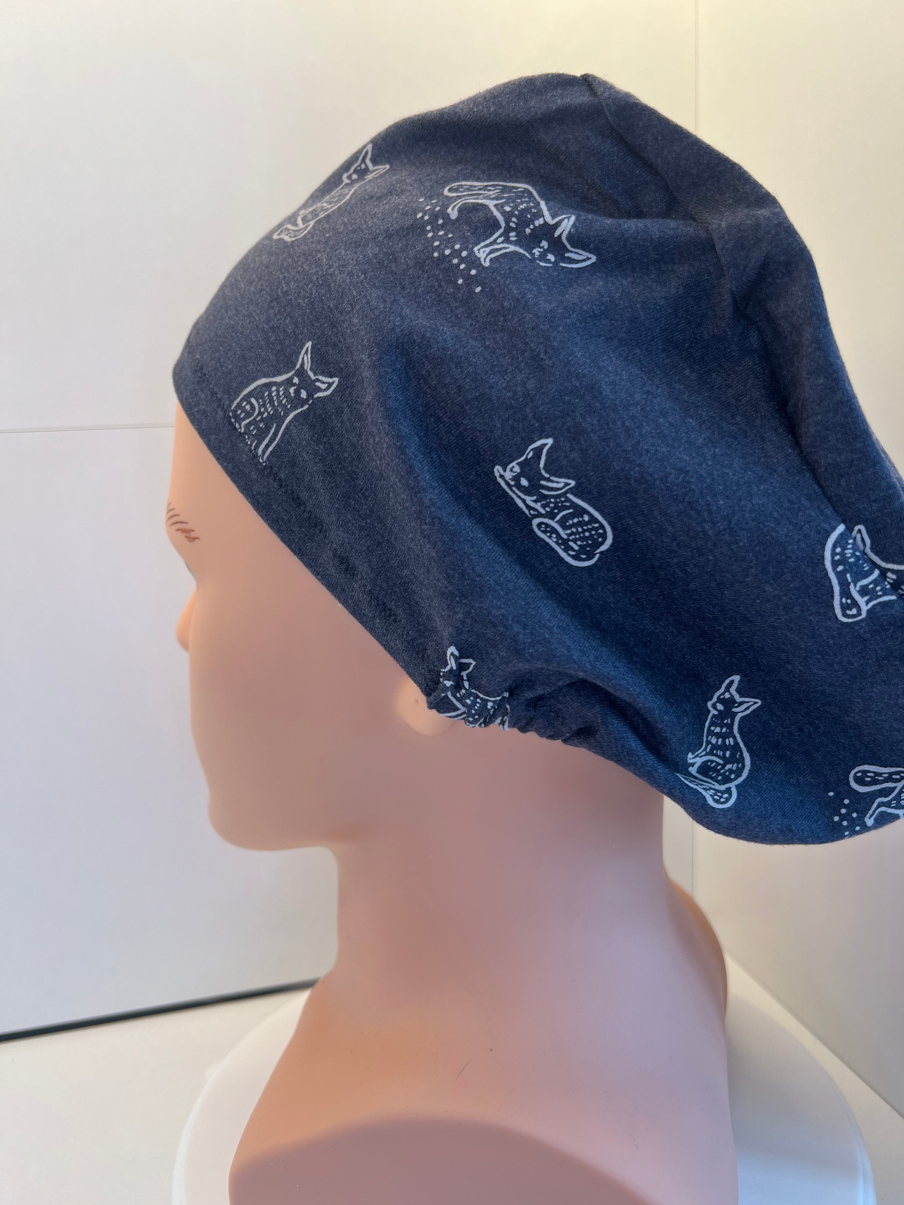 Navy Foxes Super Soft Jersey Fabric theatre scrub cap / hat.  Ethically made. Standard and Large size