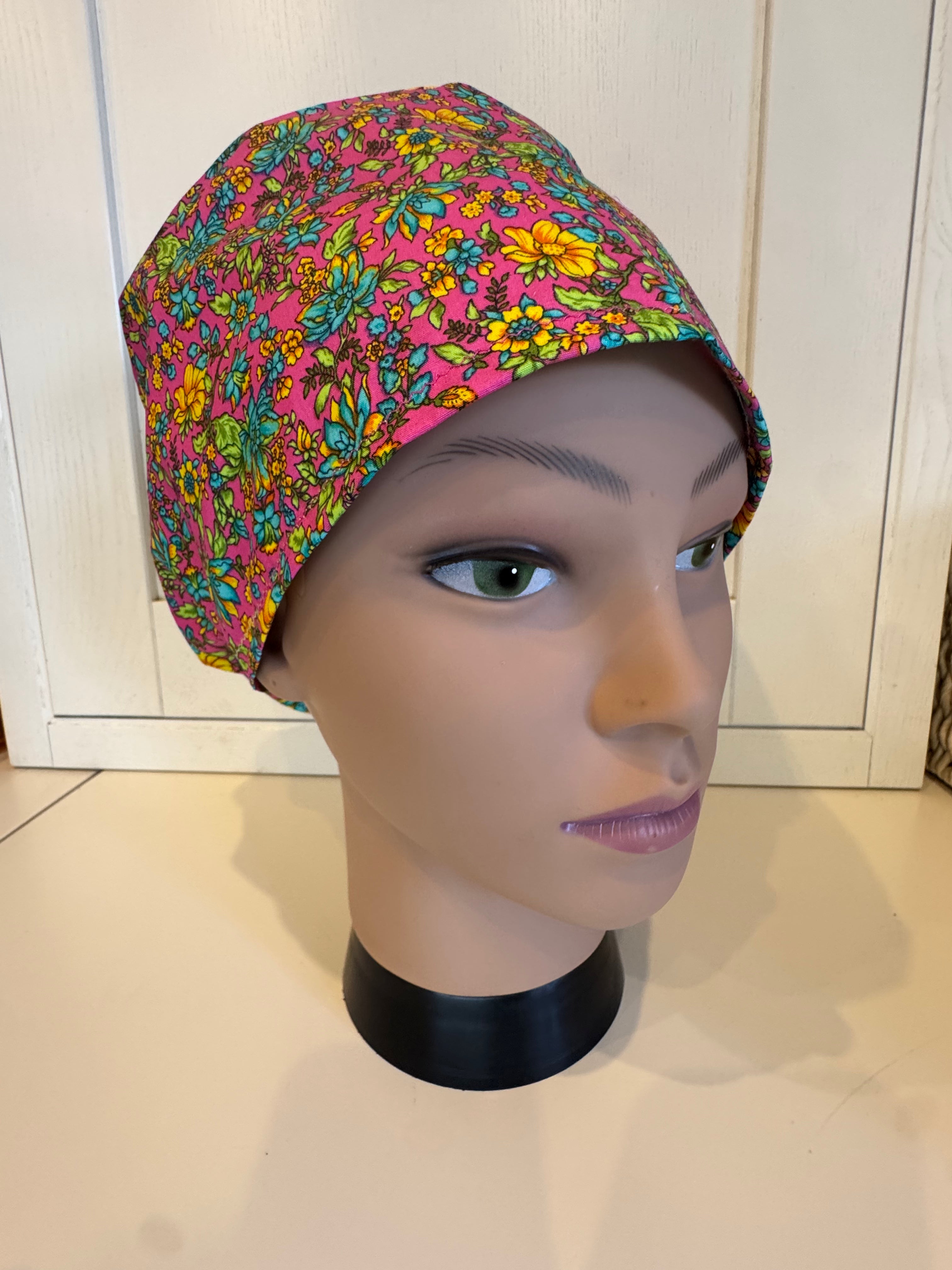 Pink Vibrant Flowers theatre scrub hat/cap - 100% cotton, Optional Satin lining