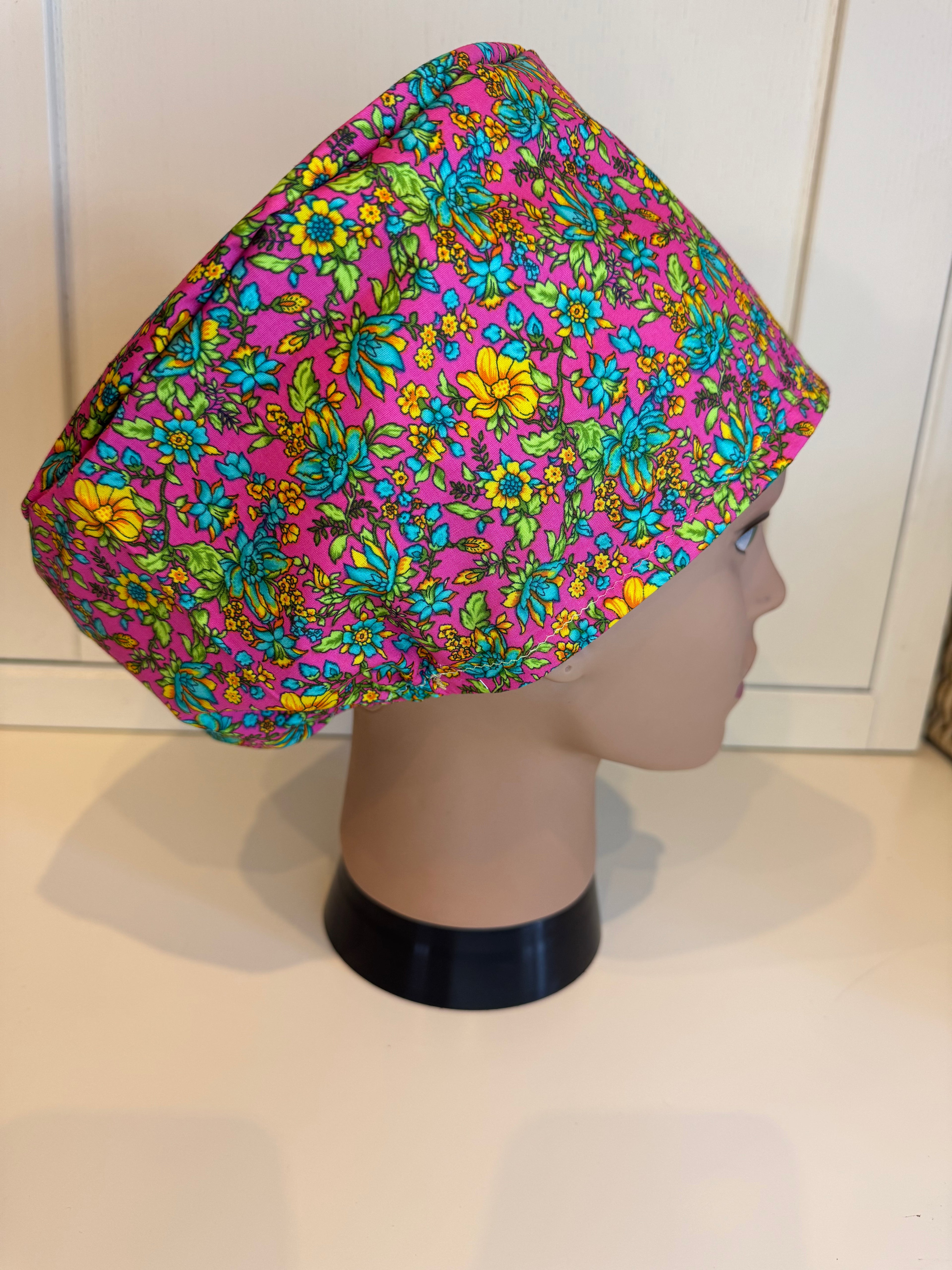 Pink Vibrant Flowers theatre scrub hat/cap - 100% cotton, Optional Satin lining