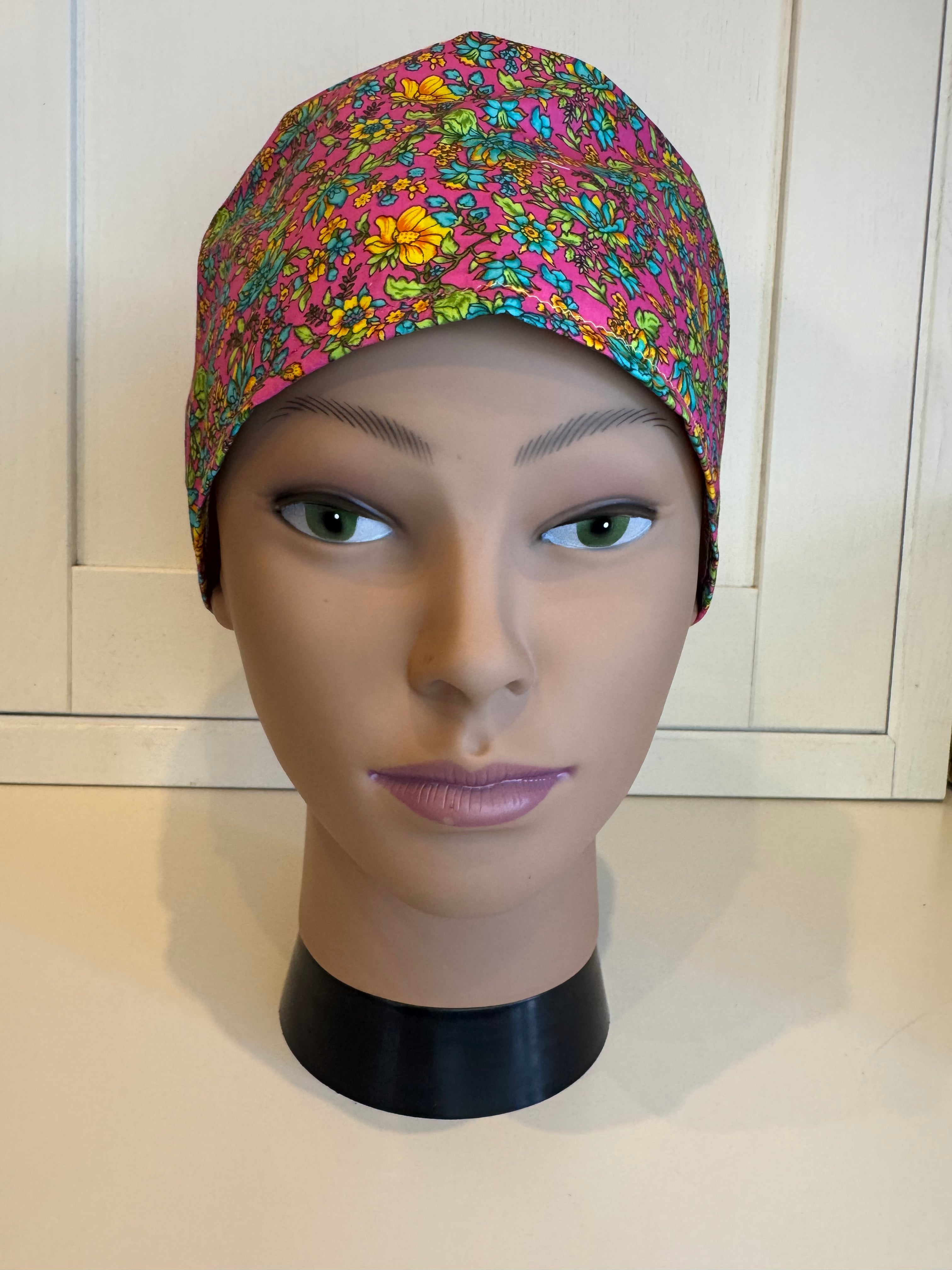 Pink Vibrant Flowers theatre scrub hat/cap - 100% cotton, Optional Satin lining