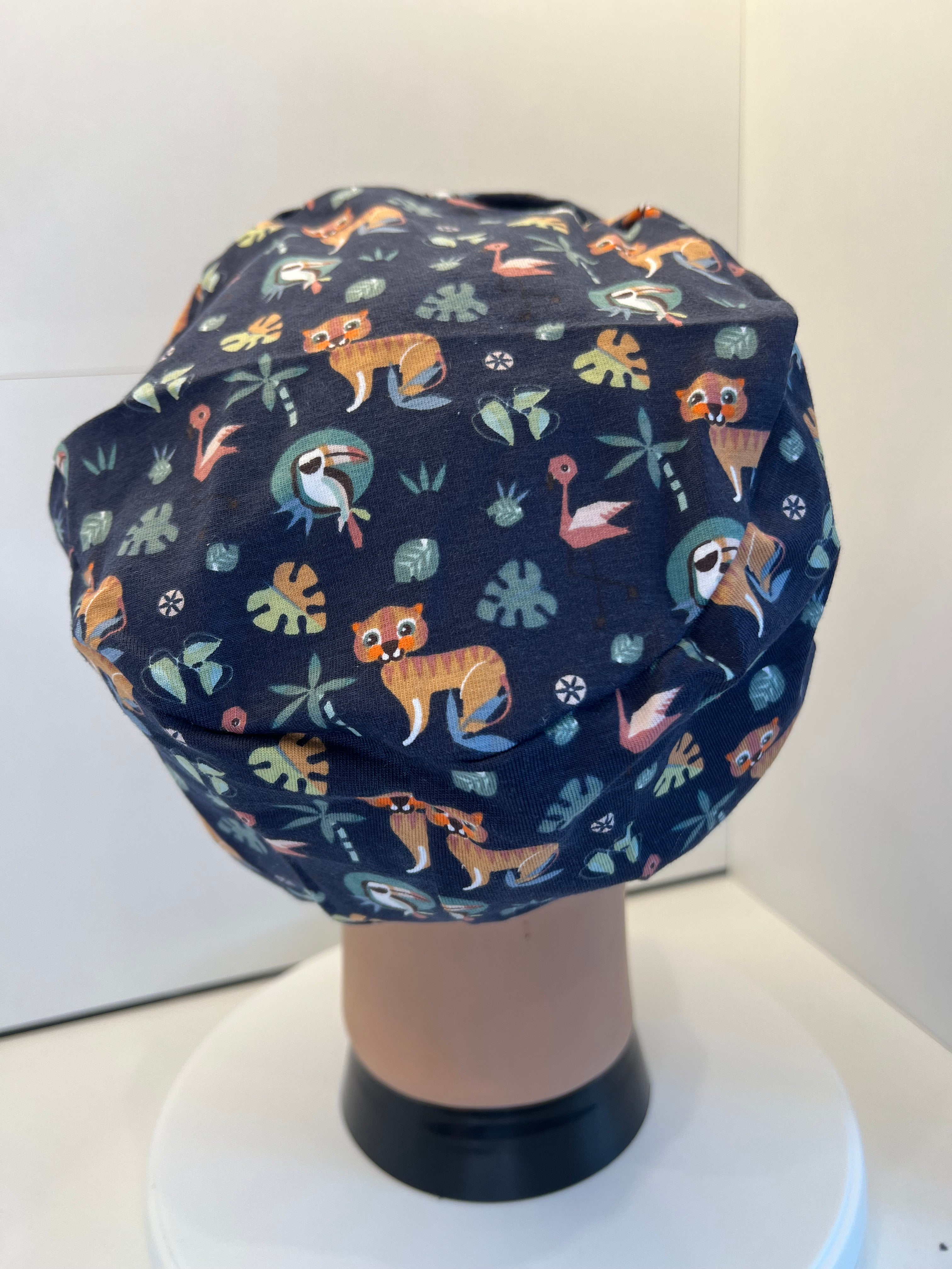 Navy Jungle Animals Soft Jersey Fabric theatre scrub cap / hat.  Ethically made. Standard and Large size