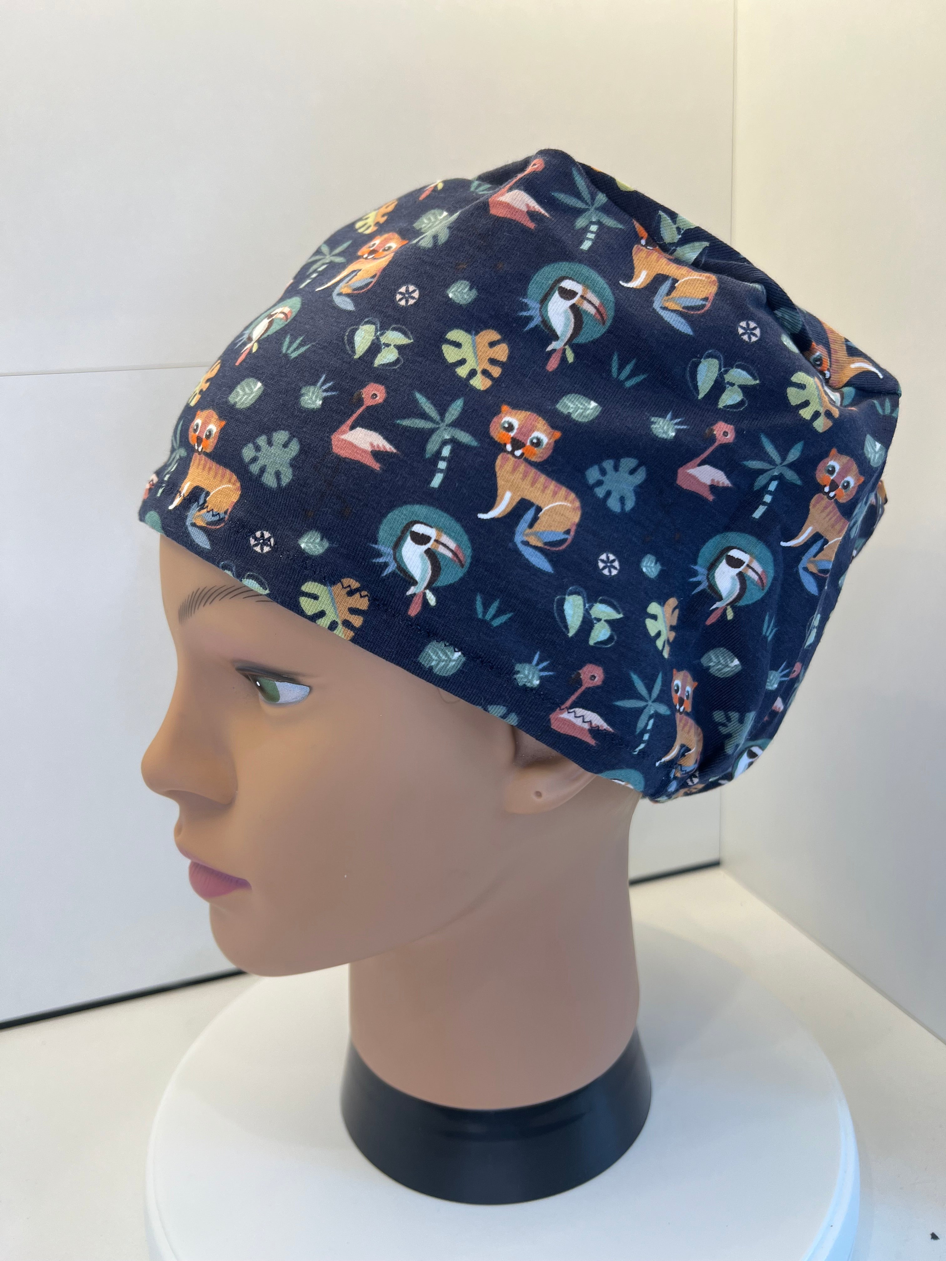 Navy Jungle Animals Soft Jersey Fabric theatre scrub cap / hat.  Ethically made. Standard and Large size