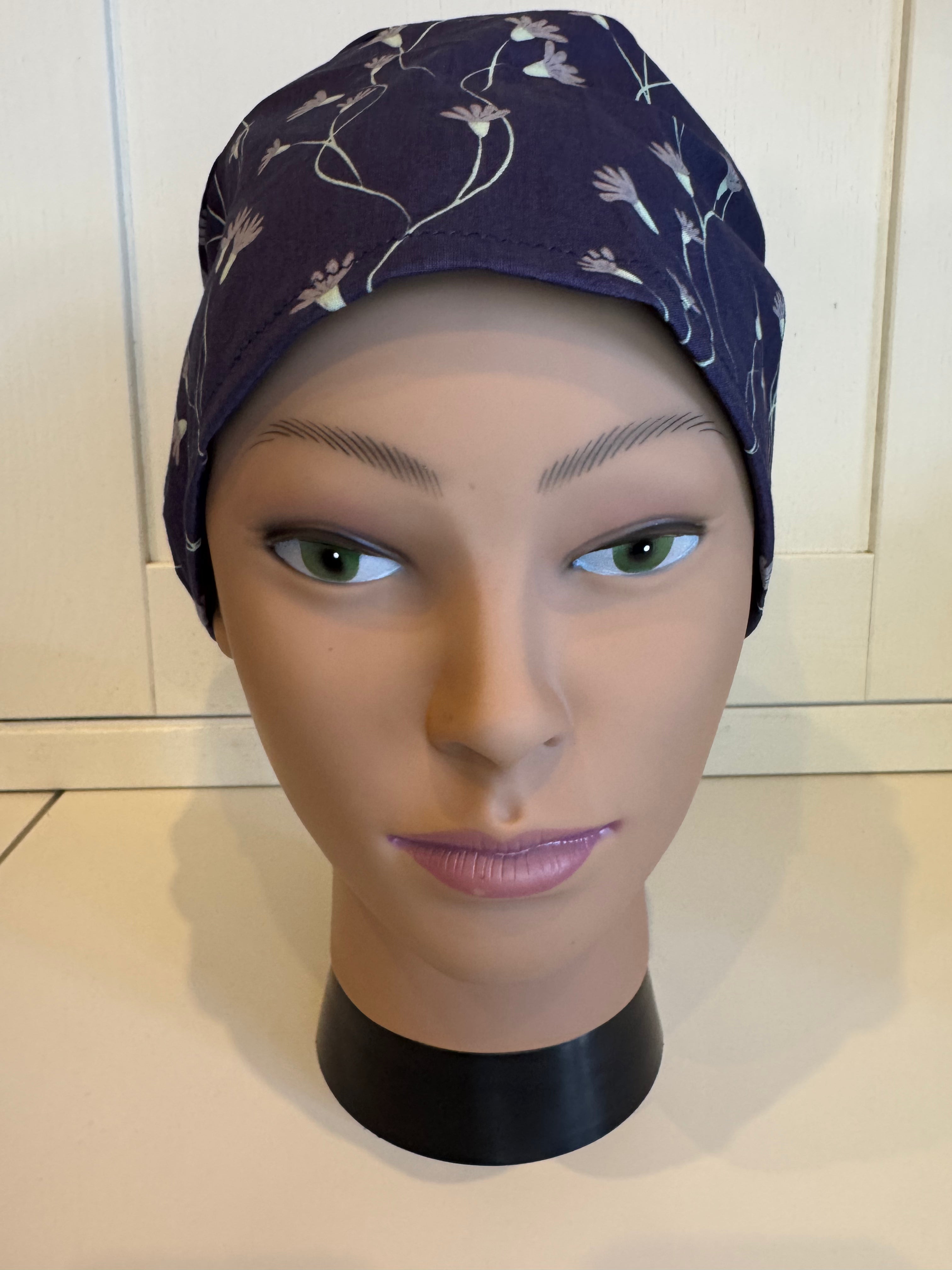 Navy flower theatre scrub hat/cap - 100% cotton, Optional Satin lining