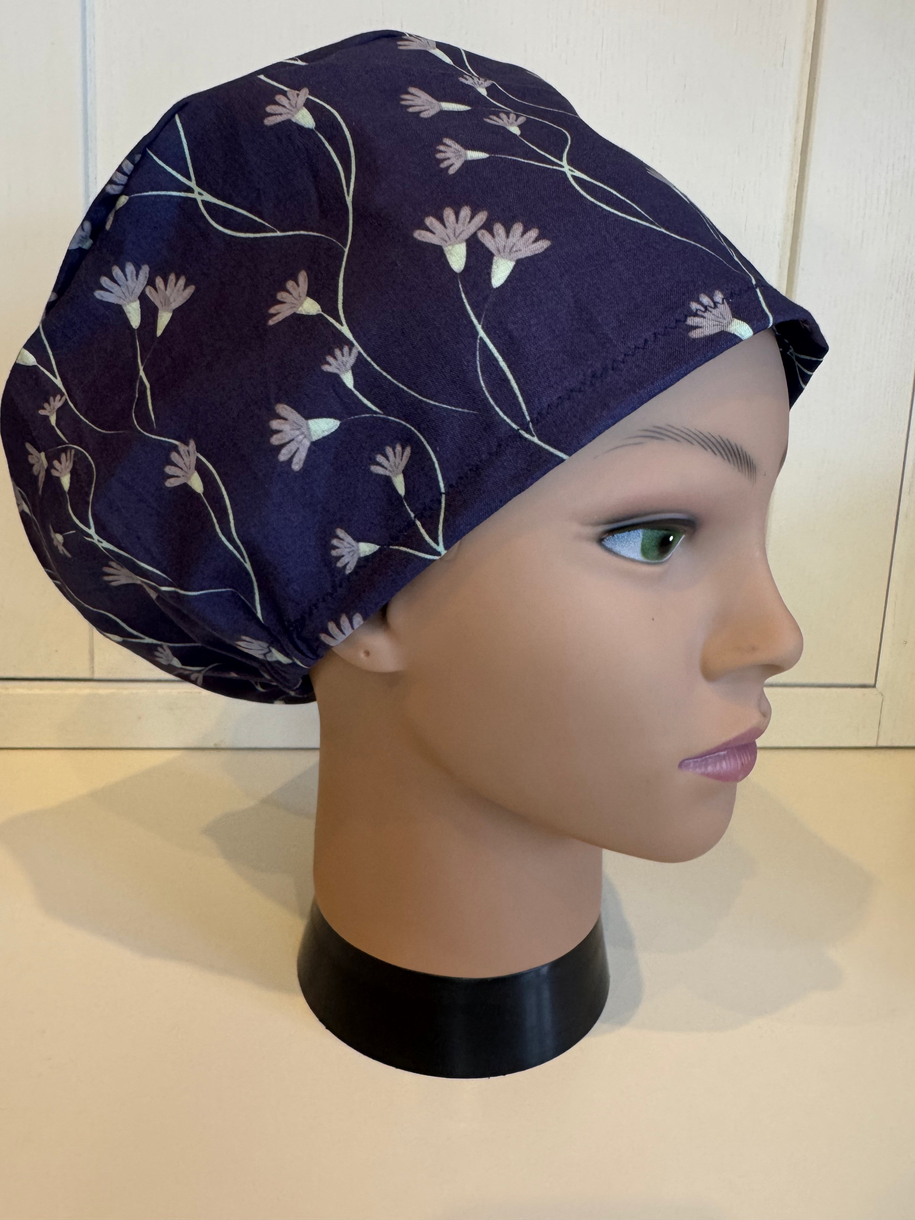 Navy flower theatre scrub hat/cap - 100% cotton, Optional Satin lining