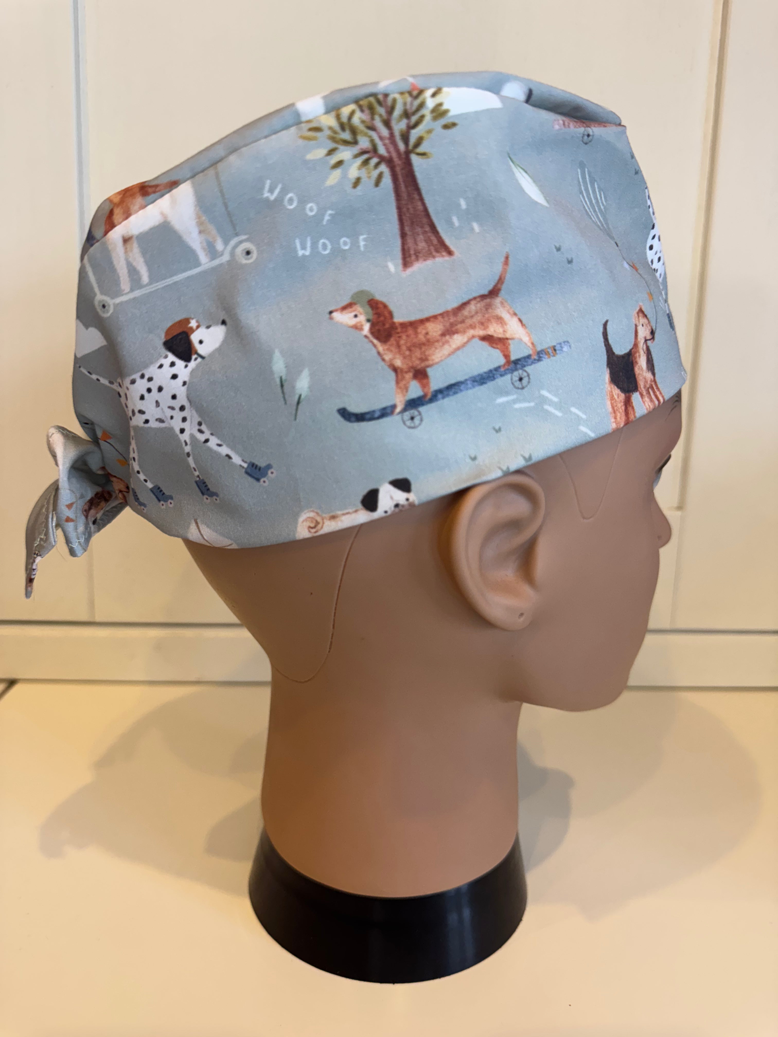 Walk in the Park Dogs Cotton Fabric tie-back theatre scrub cap / hat