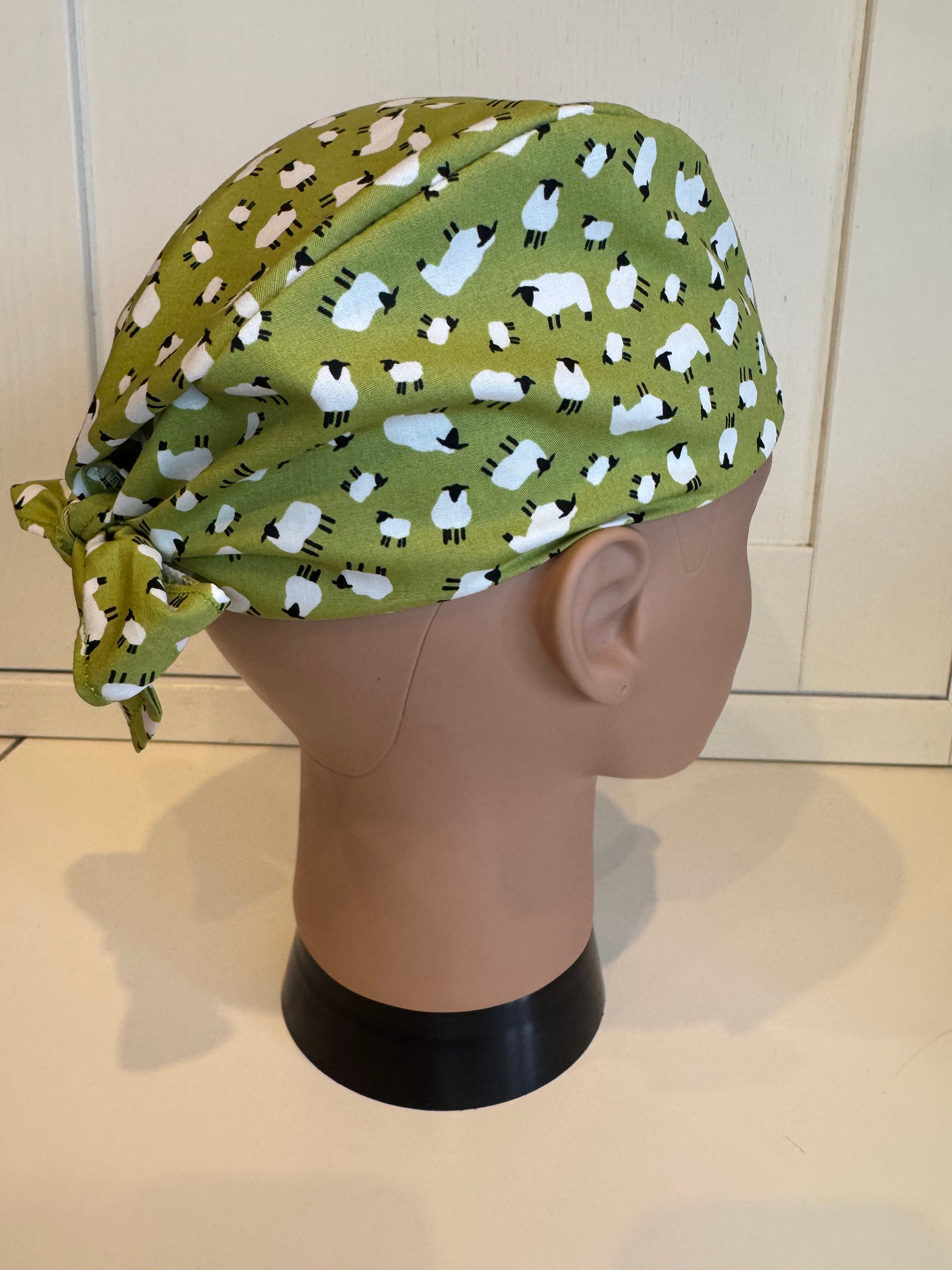 Little Green Sheep Cotton Fabric tie-back theatre scrub cap / hat