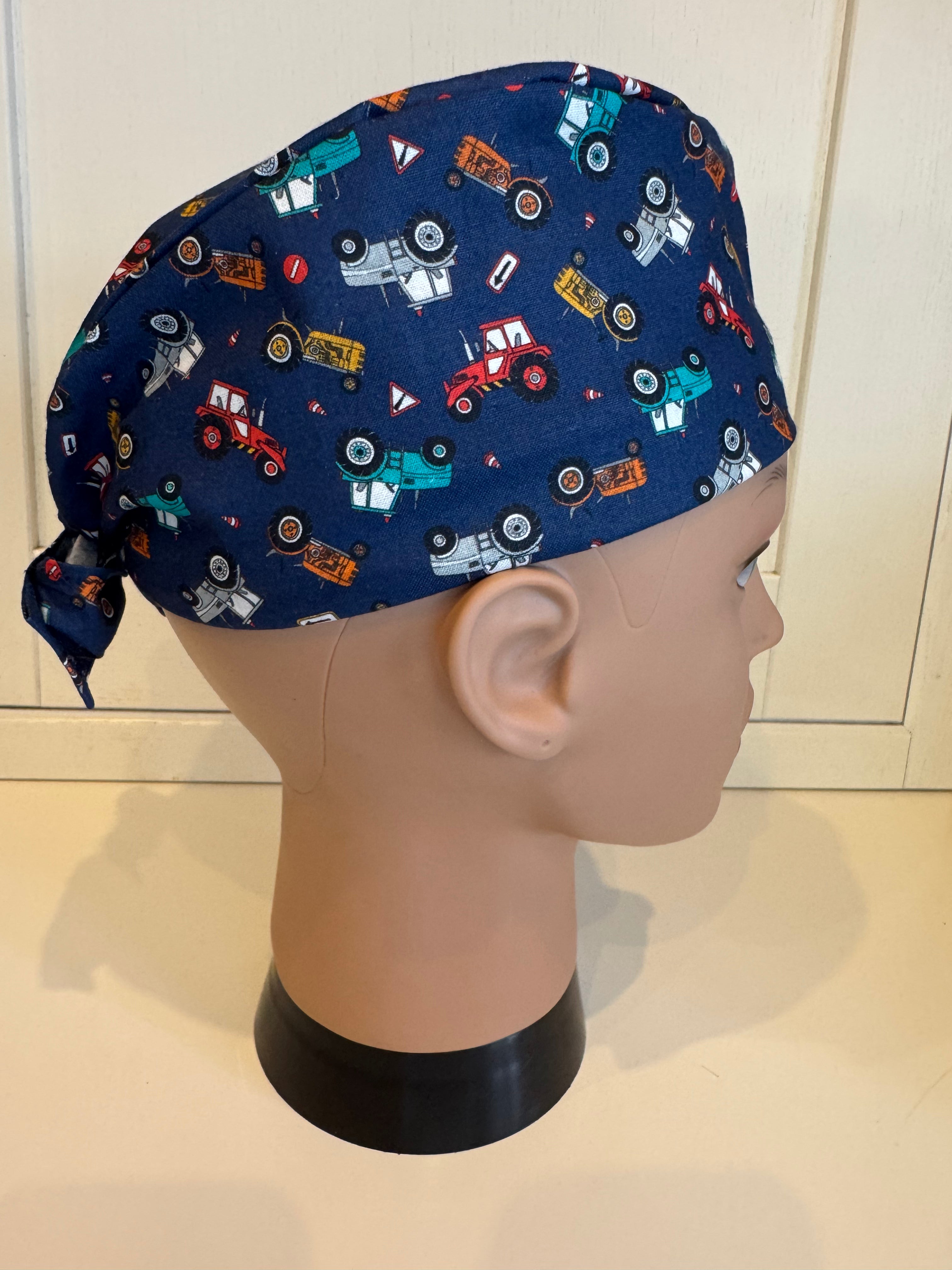 Navy Rainbow Tractors Cotton Fabric tie-back theatre scrub cap / hat