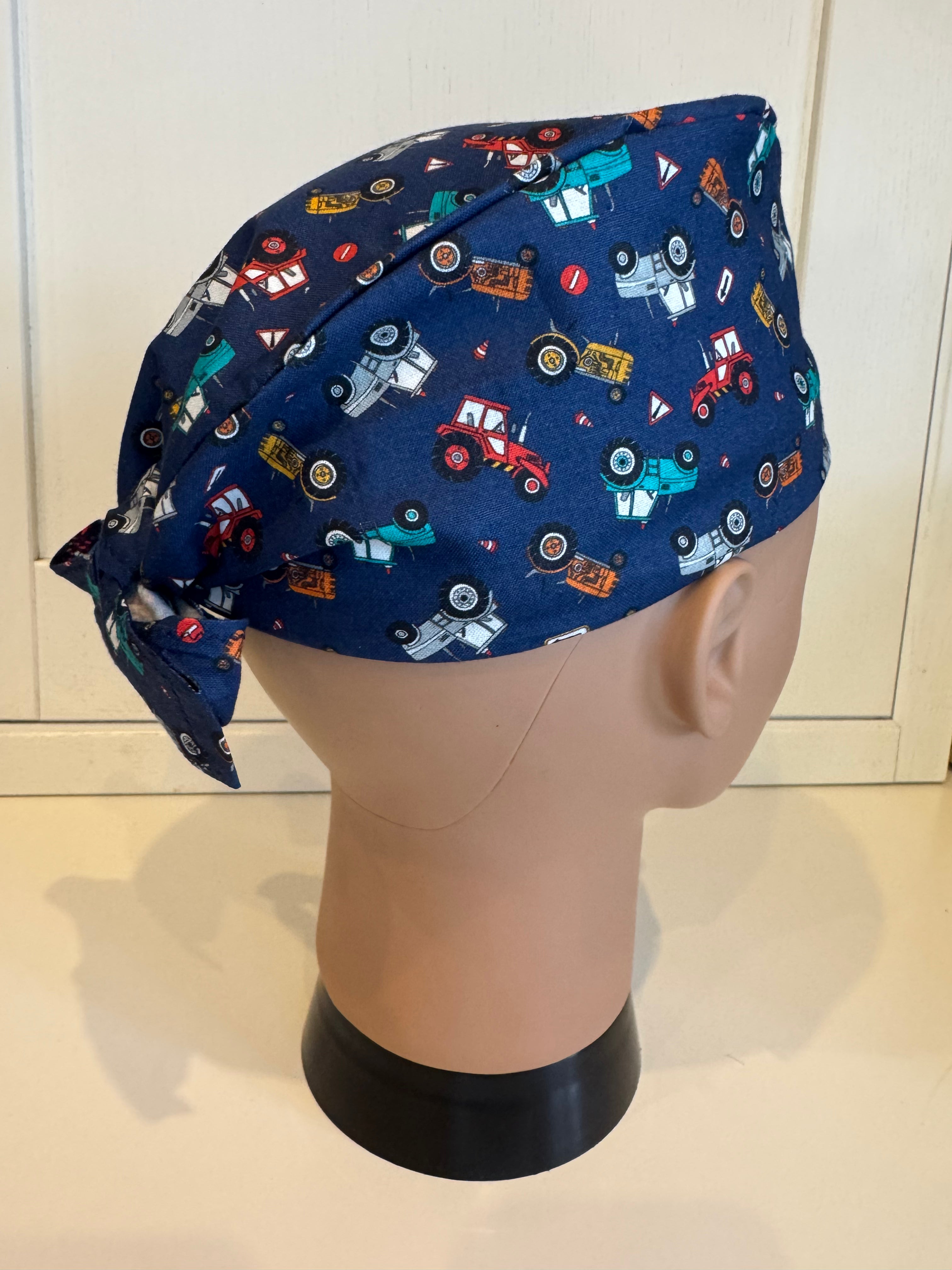 Navy Rainbow Tractors Cotton Fabric tie-back theatre scrub cap / hat