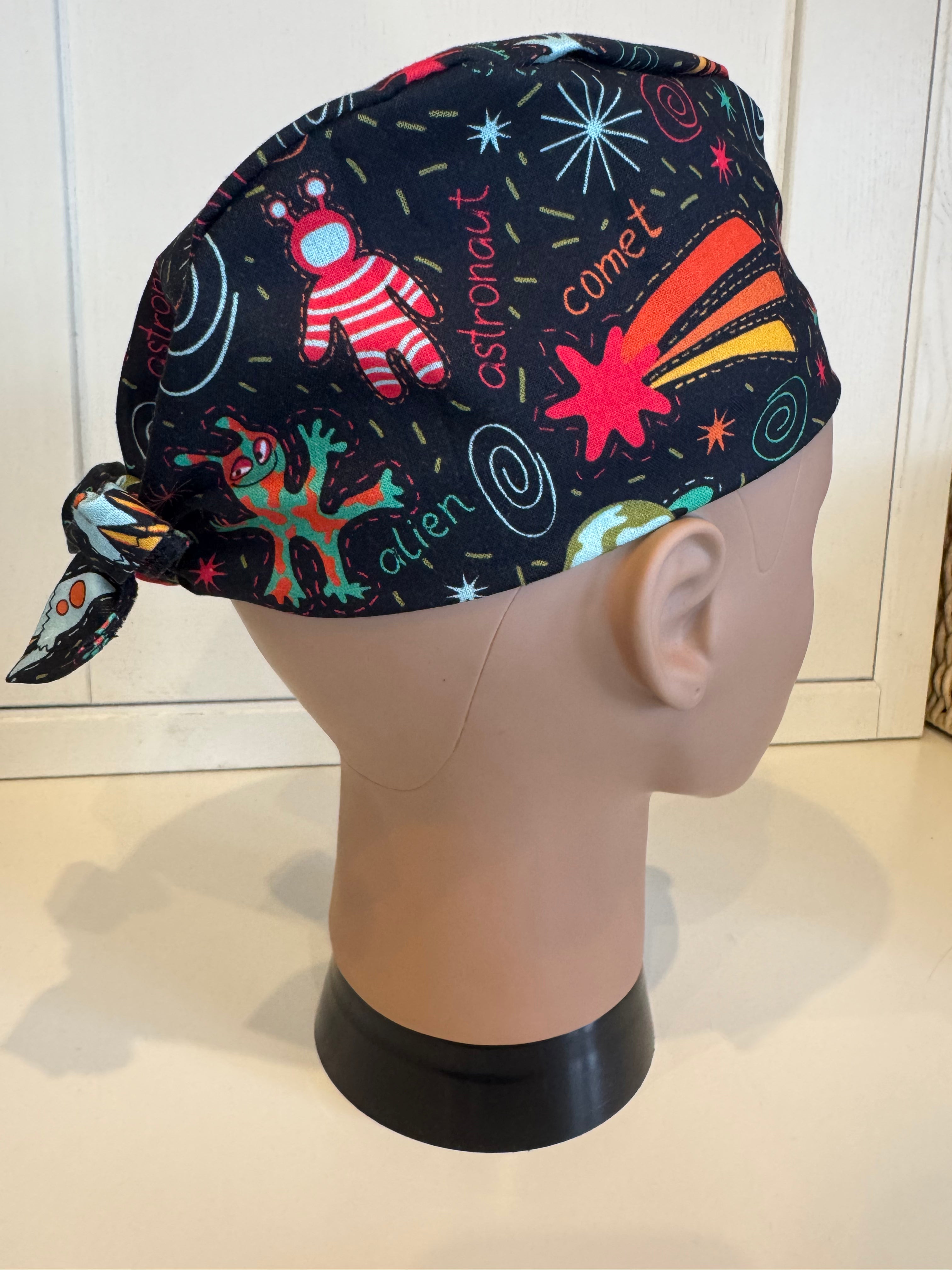 Black Space Explorers Cotton Fabric tie-back theatre scrub cap / hat