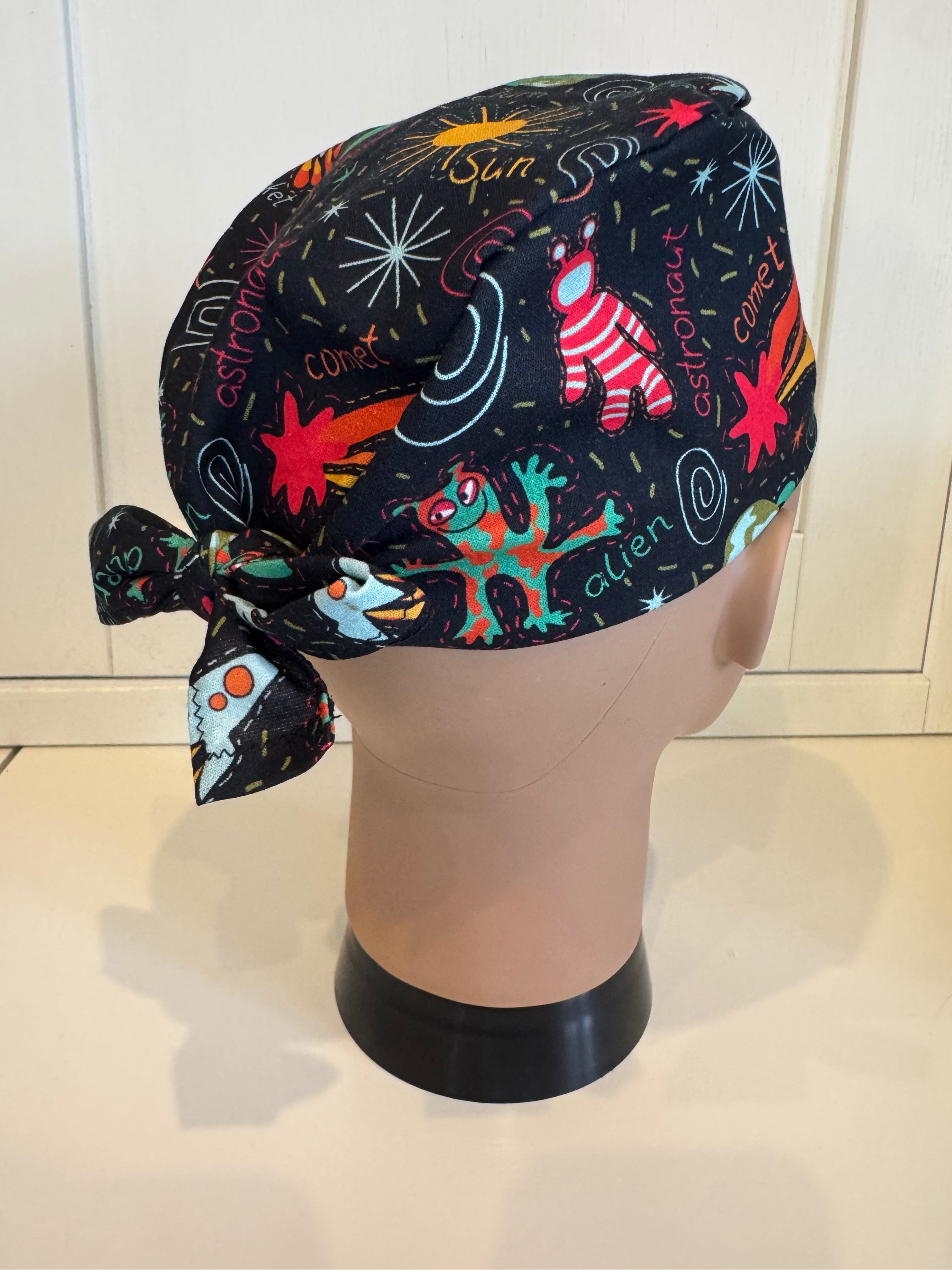 Black Space Explorers Cotton Fabric tie-back theatre scrub cap / hat