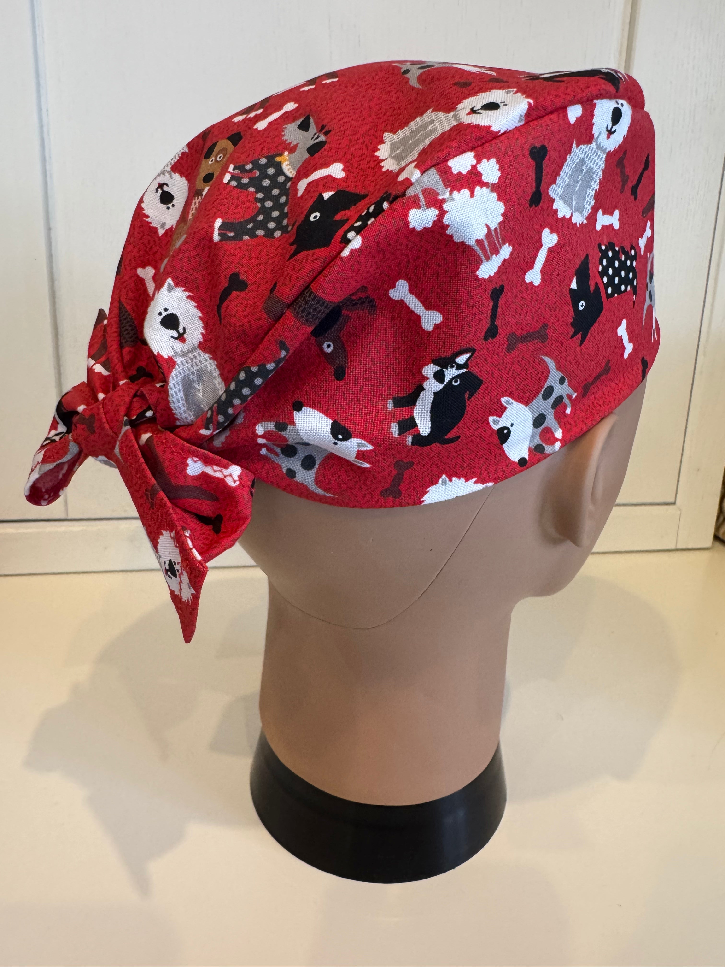 Red Dogs Cotton Fabric tie-back theatre scrub cap / hat