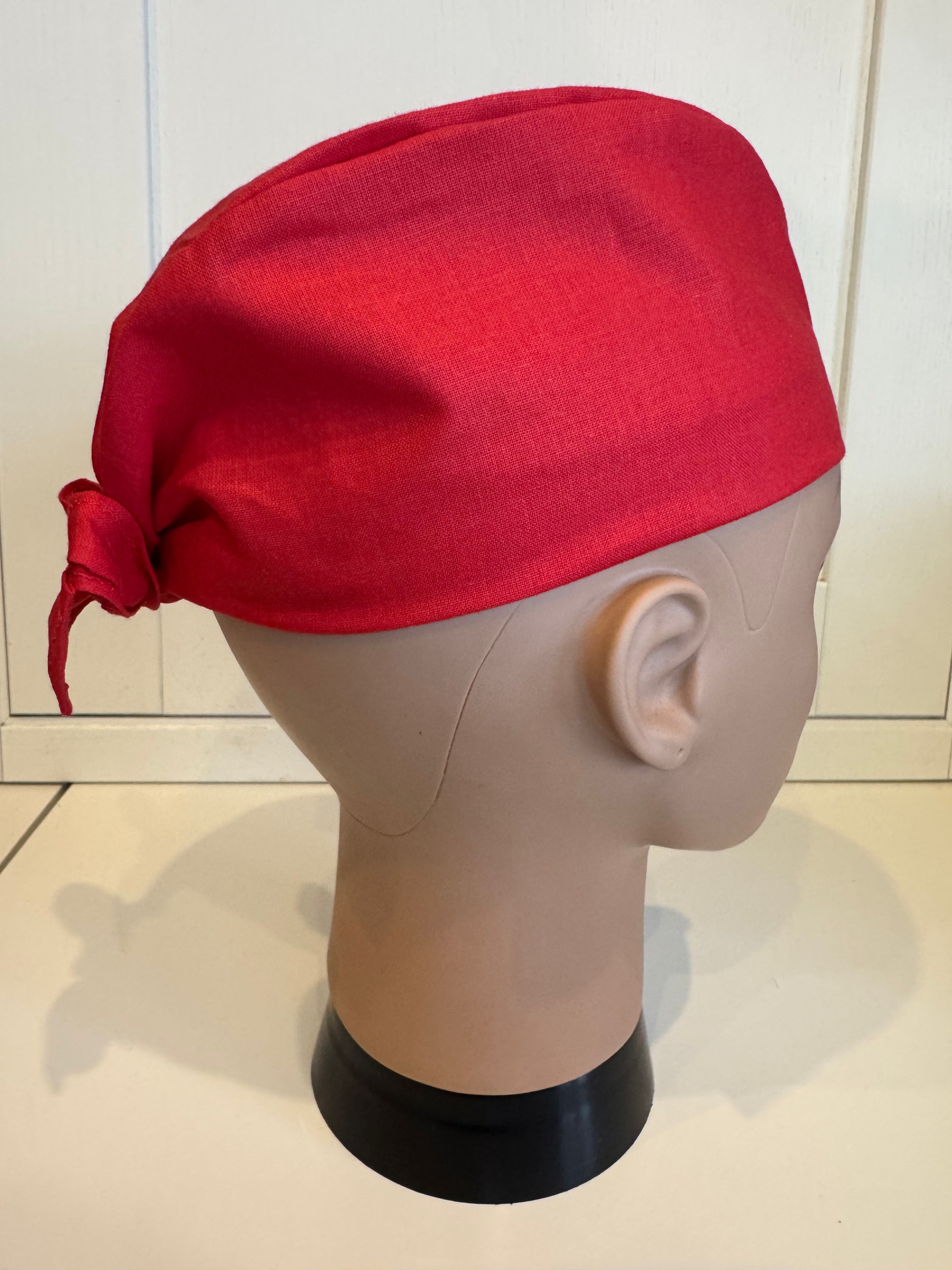 Classic Red Tie Back Theatre Hat/Scrub Cap - UK Handmade