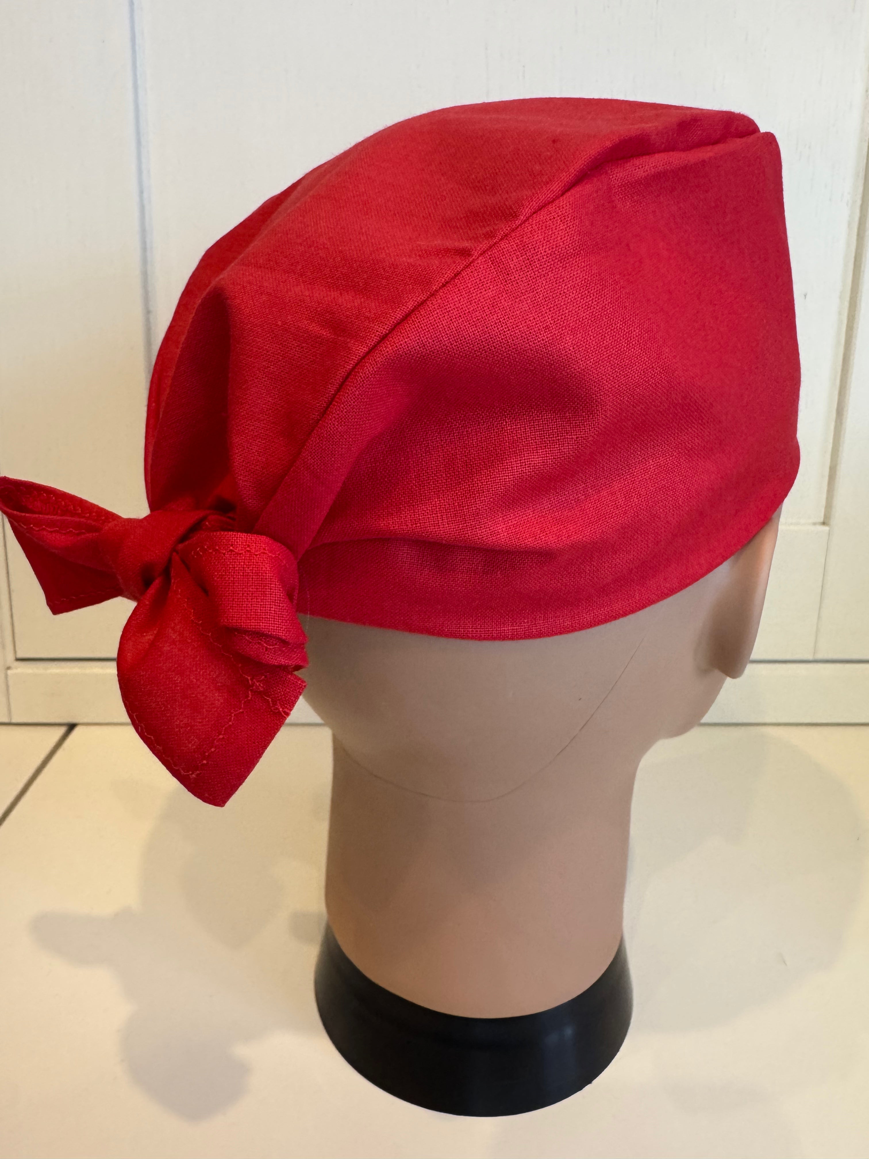Classic Red Tie Back Theatre Hat/Scrub Cap - UK Handmade