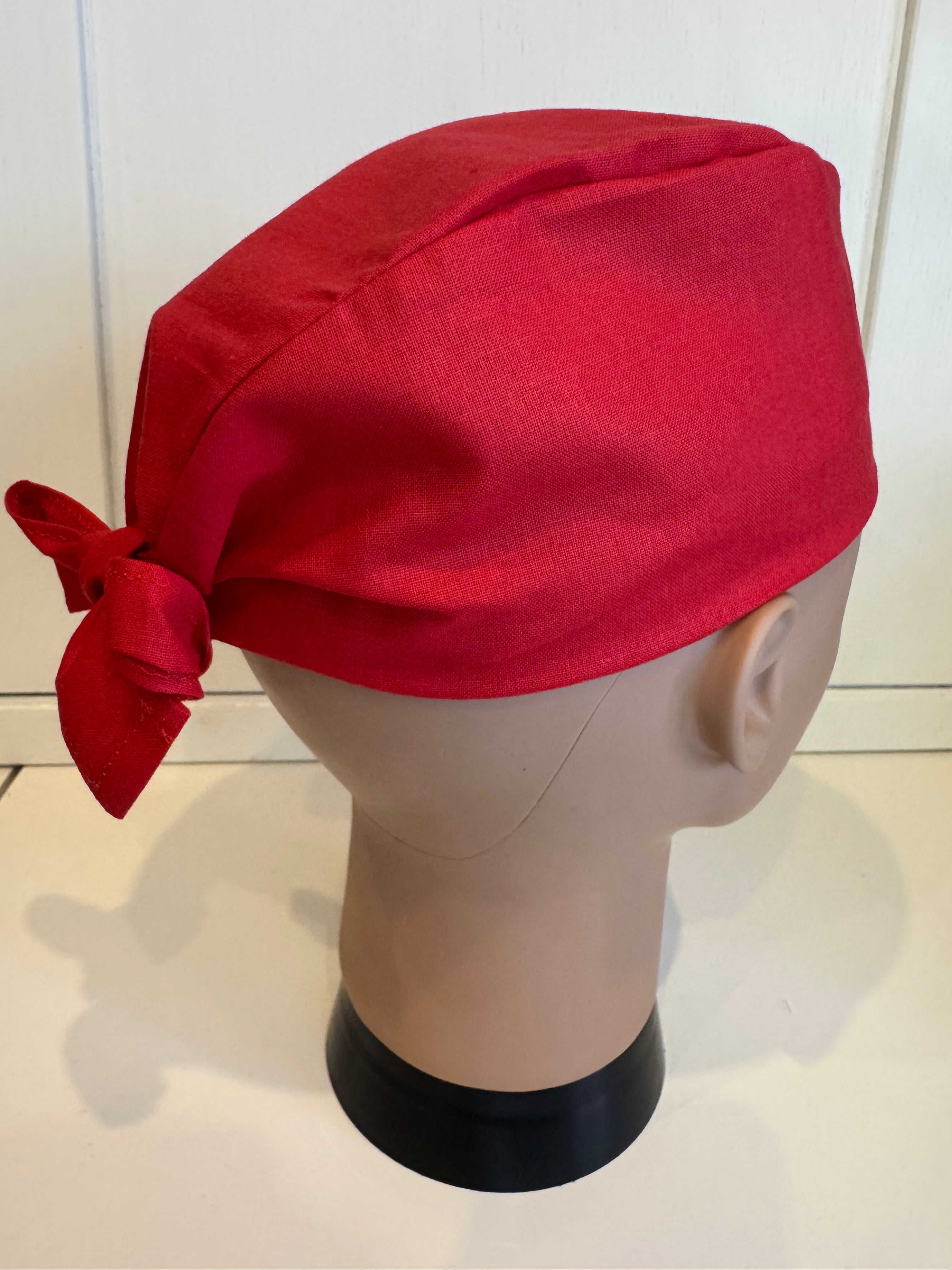 Red Plain Cotton Fabric tie-back theatre scrub cap / hat