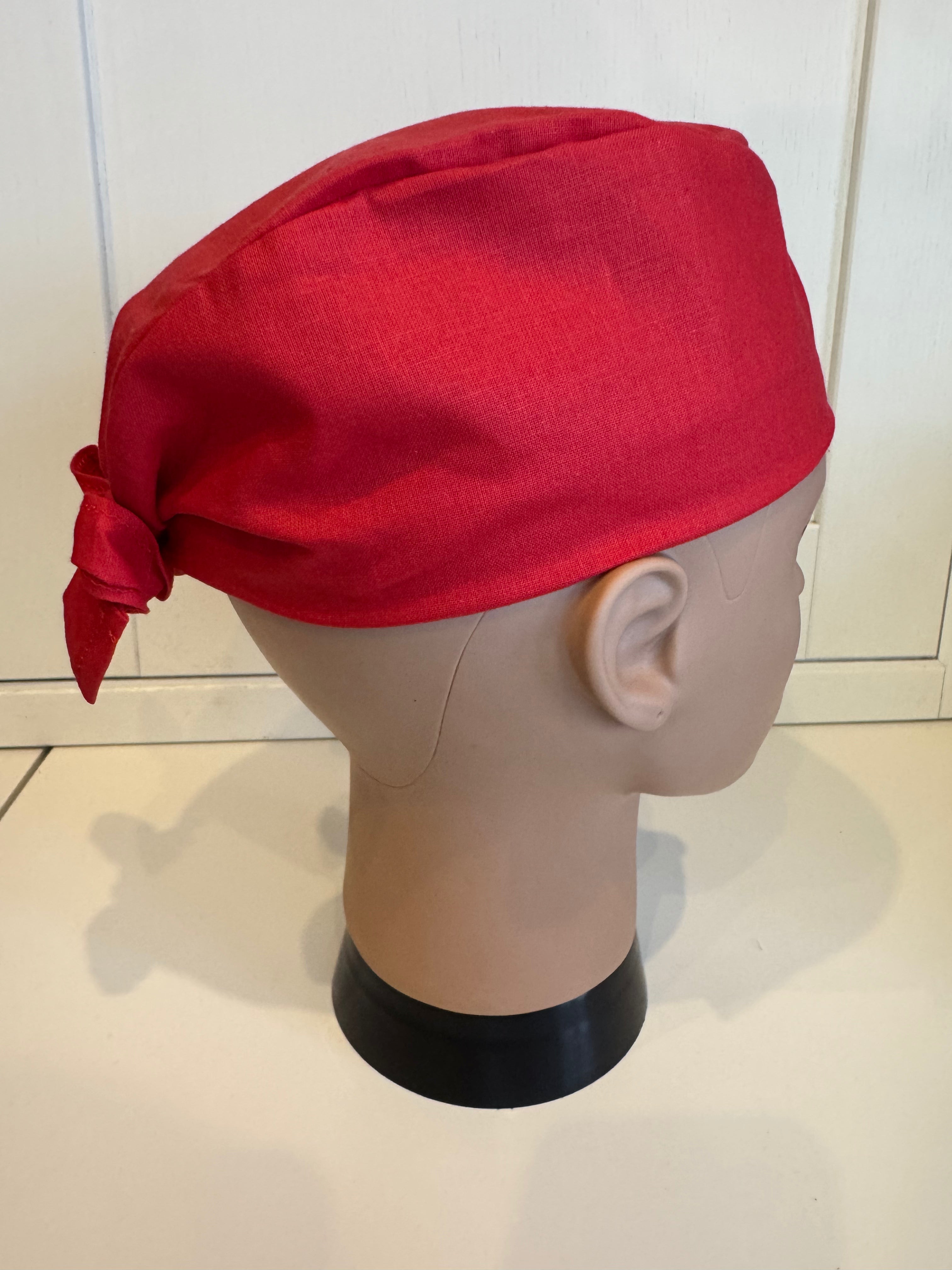 Classic Red Tie Back Theatre Hat/Scrub Cap - UK Handmade